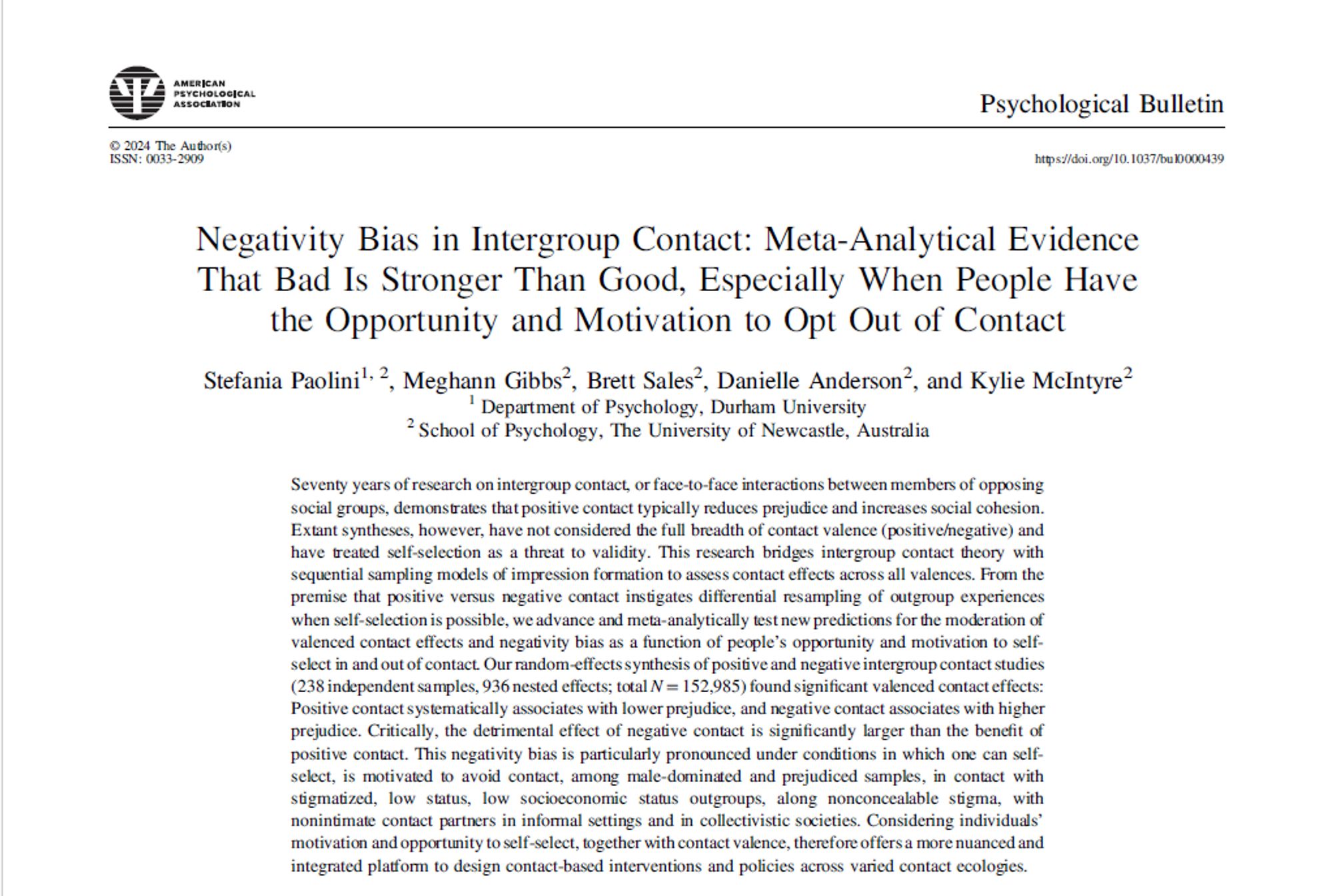 This meta-analysis extends earlier analyses of intergroup contact, or face-to-face interactions between members of opposing groups, showing that the quality of contact and opportunities andmotivation to avoid contact matter. It demonstrates that positive contact improves intergroup relations, but negative contact worsens them and is more impactful. Negative contact prevails and is thus riskier in real-world settings, offering opportunity and motivation to avoid contact. This enriched knowledgebase can help maximize the benefits of intergroup contact and minimize its risks through more targeted policy and intervention.