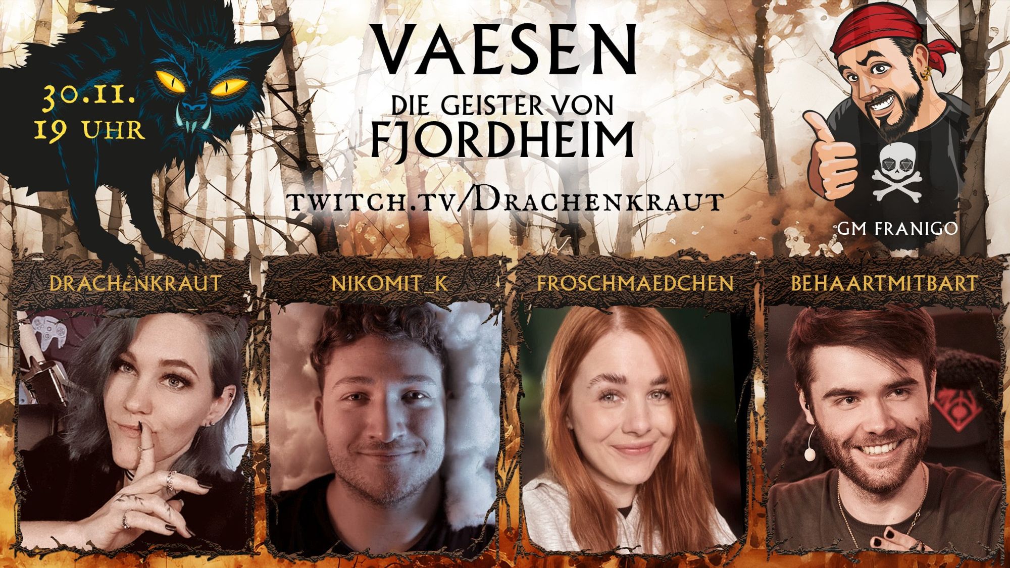 Vaesen Pen and Paper, am 30.11. um 19 Uhr auf twitch.tv/drachenkraut, man sieht Fotos der Teilnehmenden