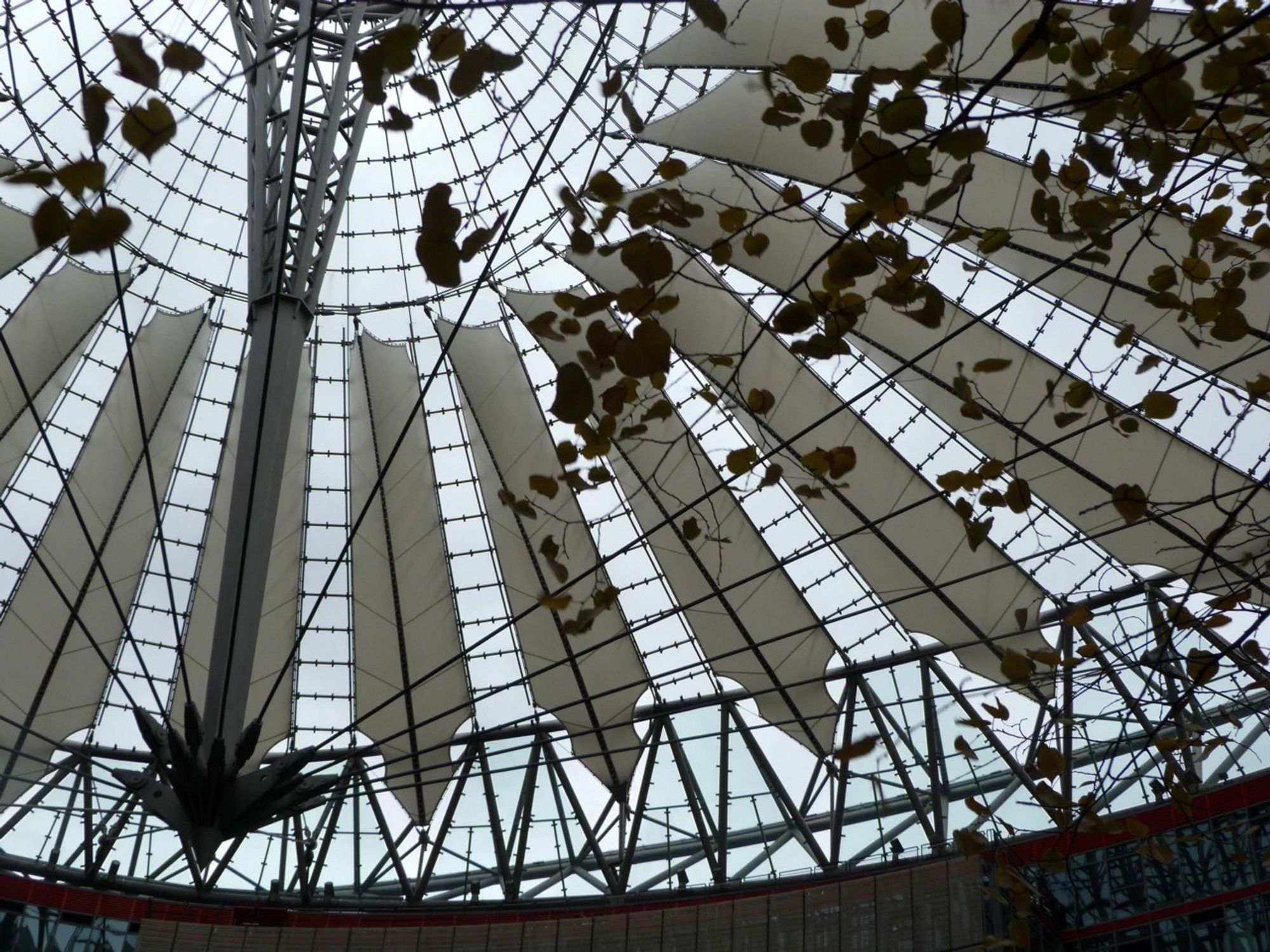 Berlin: Kuppel über dem Sony Center an einem trüben Tag, Unscharf ein paar Blätter eins Zierbaumes, die Schattenlamellen stehen geöffnet über einem Gewirr von Streben, Halterungen unter dem Dach.