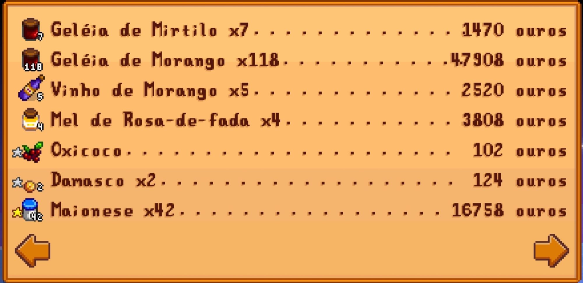 Guardei todos os itens artesanais para vender com a profissão artesão, como maionese e geleia:
Só com isso, rendeu 90.000 ouros antes do inverno do ano 1