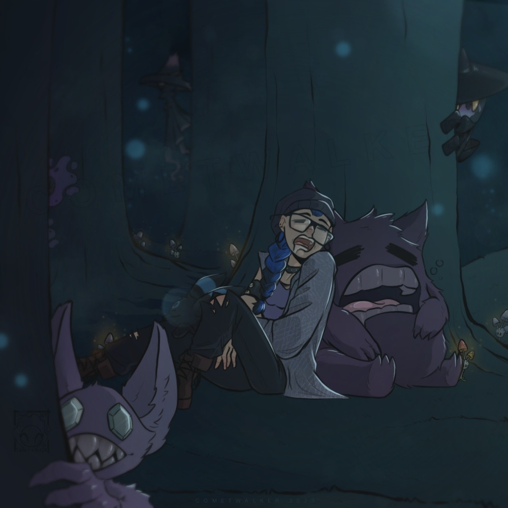 Pokemon trainer and their pokemon sleeping in a forest setting. Pokemon pictured: Sableye, Gastly, Morelull, Mismagius, Umbreon, Gengar, and Lampent.