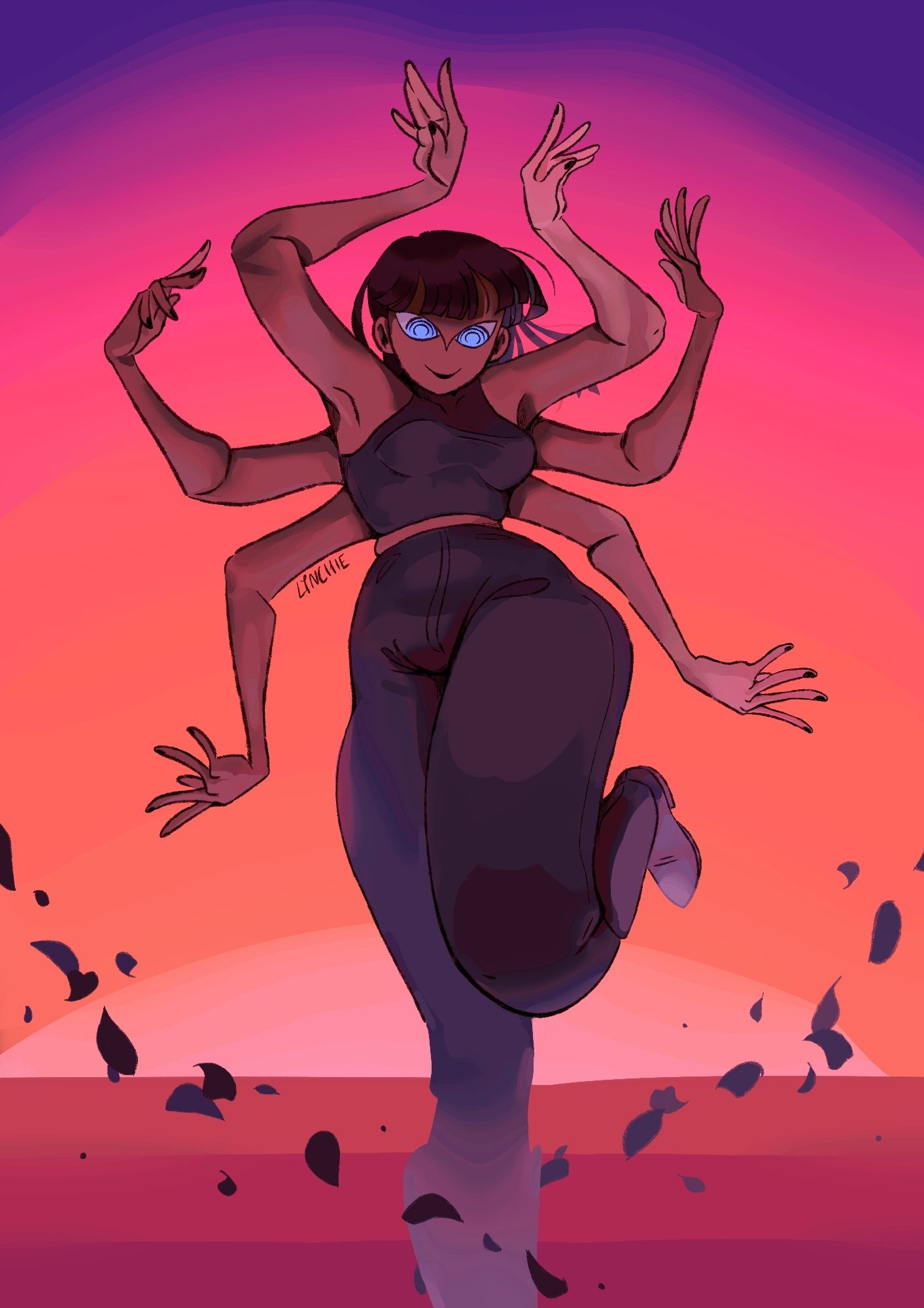 robin from one piece posing in front of a desert sunset. shes standing on her right foot while her left is kicked up under her, pushing her left knee towards the camera and twisting her hips to her right. her torso is twisted to her left, her hands raised just above her head with her fingers fanning out. shes sprouted two extra arms on each side in similar poses, fanned out around her, creatinb a spider-like appearance. flower petals flow in the breeze around her feet. shes painted in sunset tones, with dark purple pants, cowboy boots, and sleeveless top, and reddish brown skin. her eyes are a bright blue