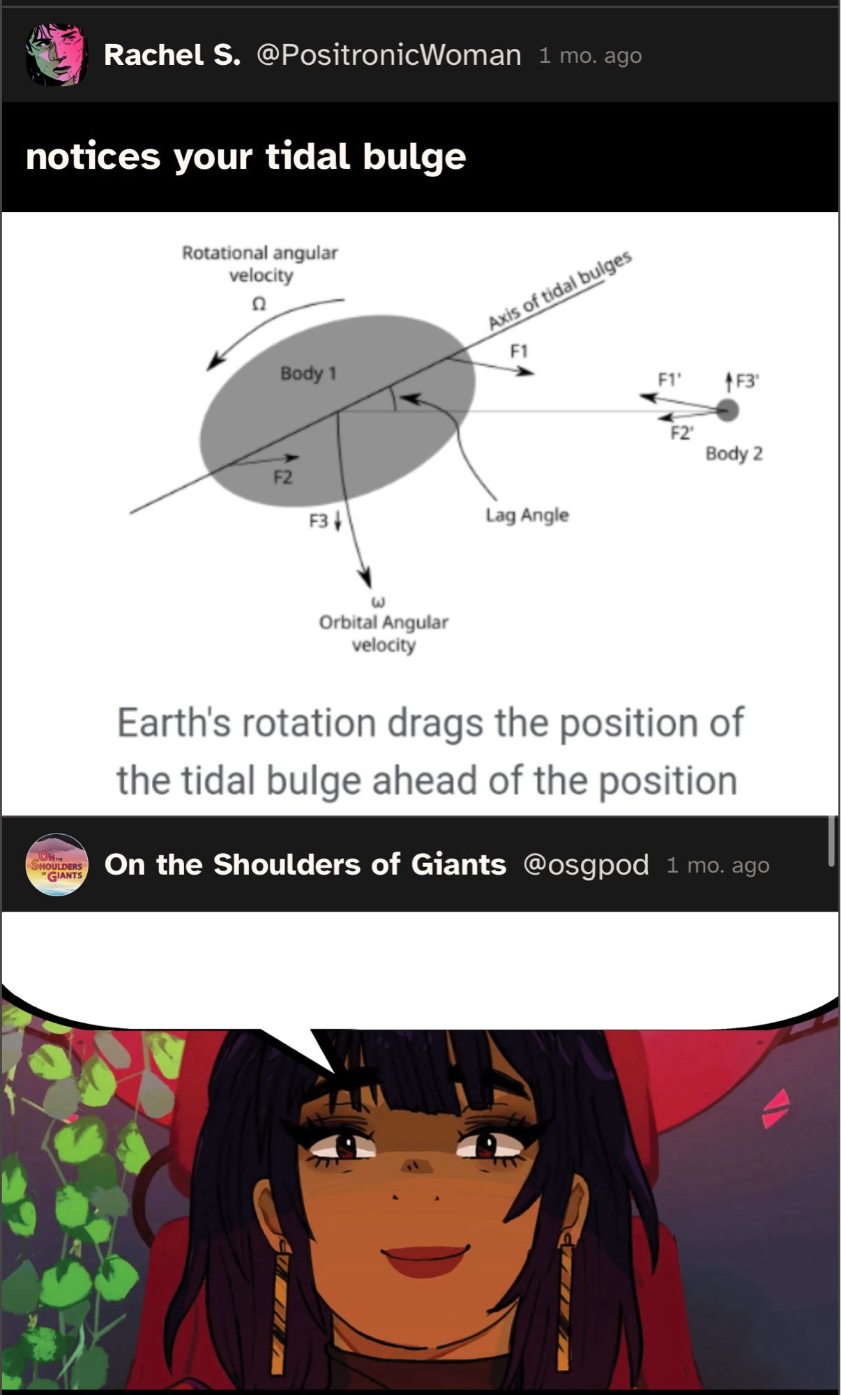 a graph showing the idea of ocean tides "bulging" from the earth due to gravity and centrifugal force, with the OP titling it "notices your tidal bulge"

OSG then added an image implying this is all being said by Pluto from Heaven Will Be Mine