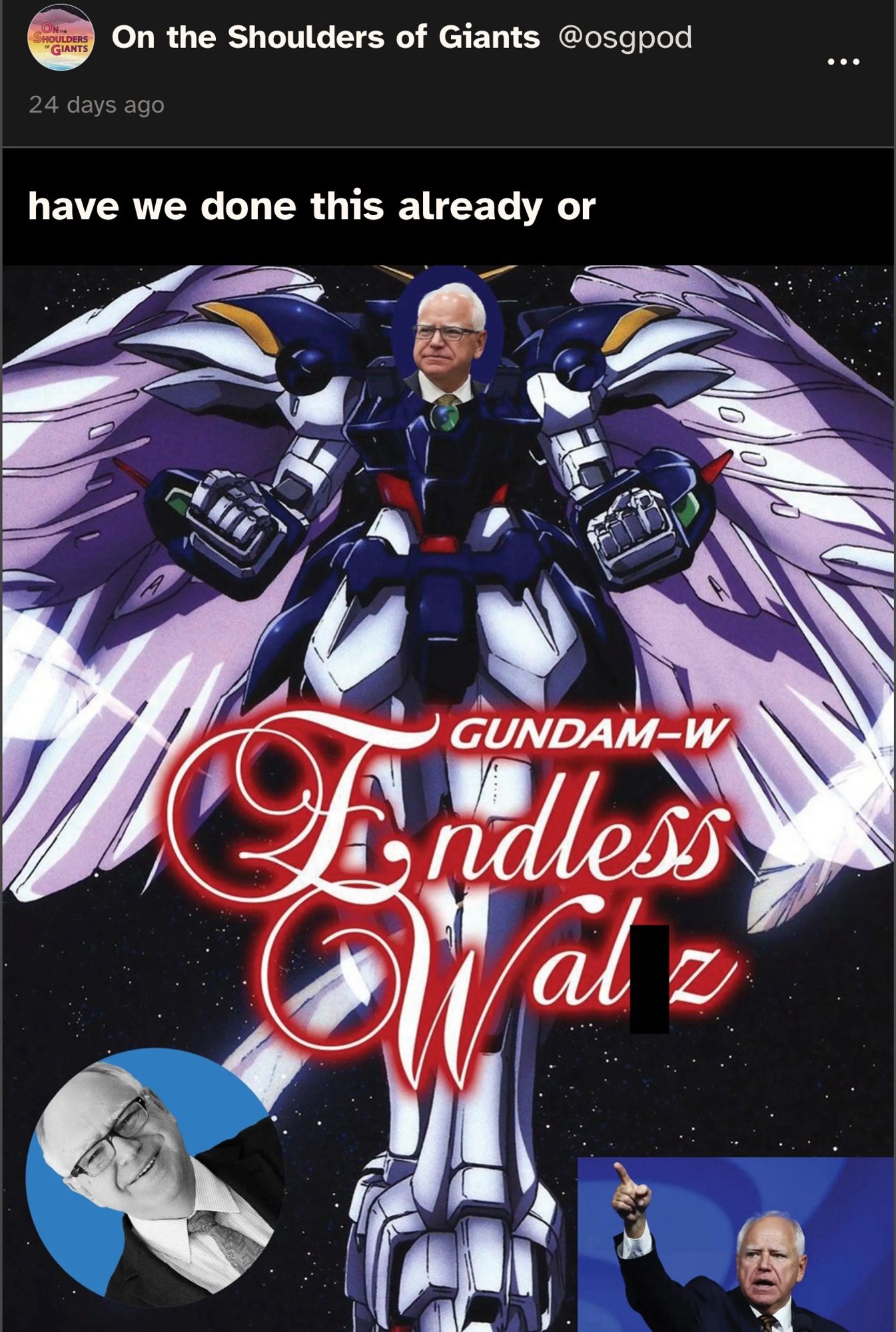 the dvd cover of Gundam Wing Endlesss Waltz edited with Tim Walz's face