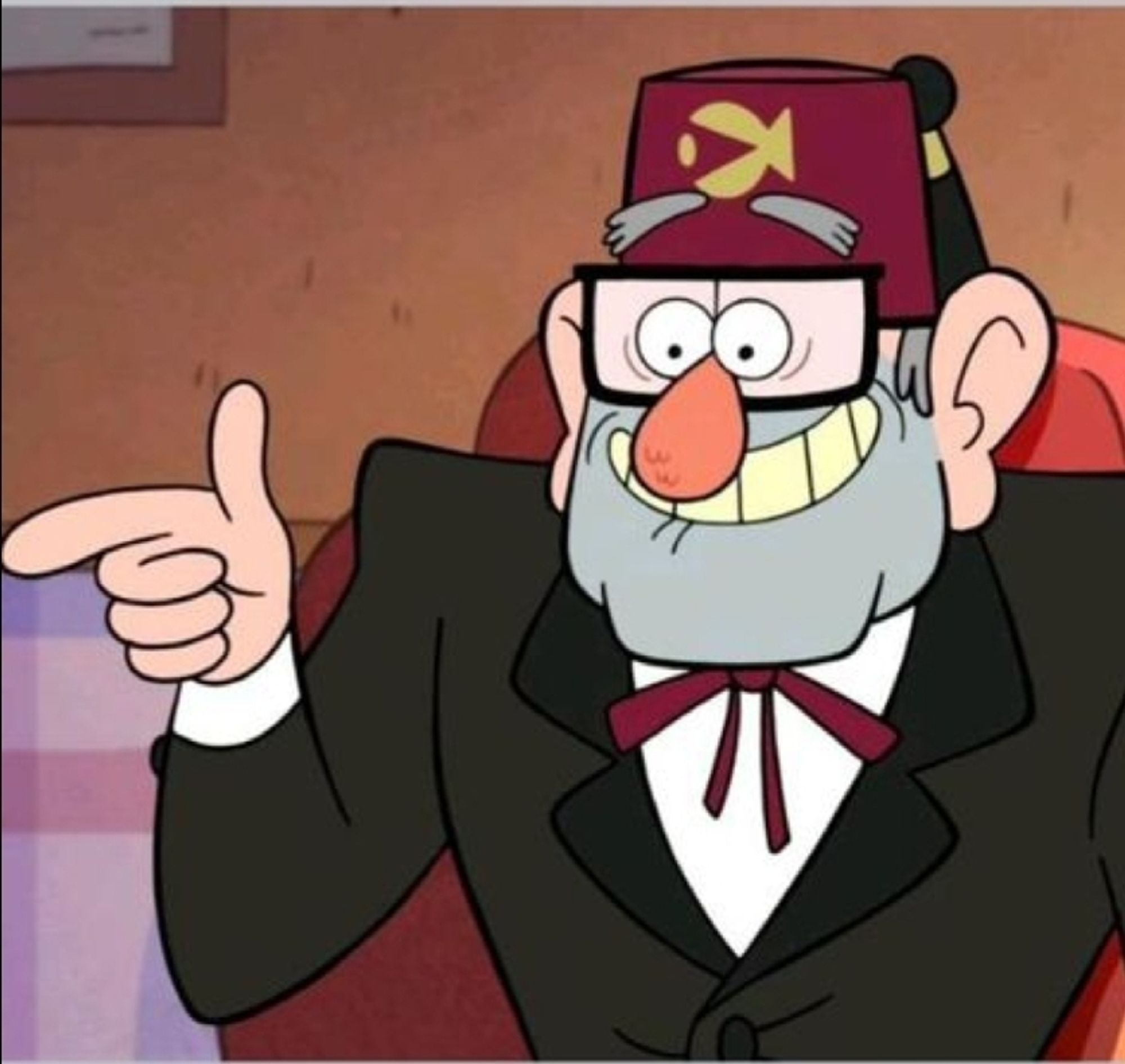 Grunkle Stan from Gravity Falls, smiling and pointing with his index finger.