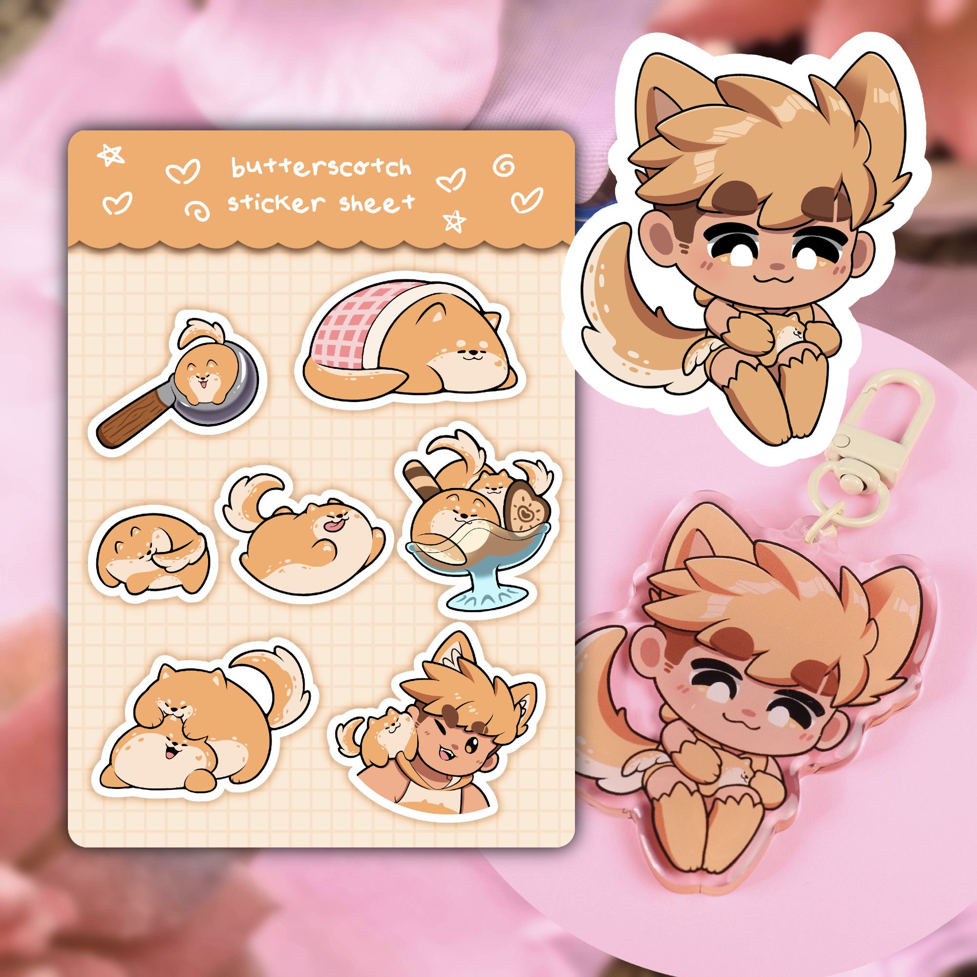 A sticker sheet, a sticker, and an acrylic charm featuring Smilky in their Dog form