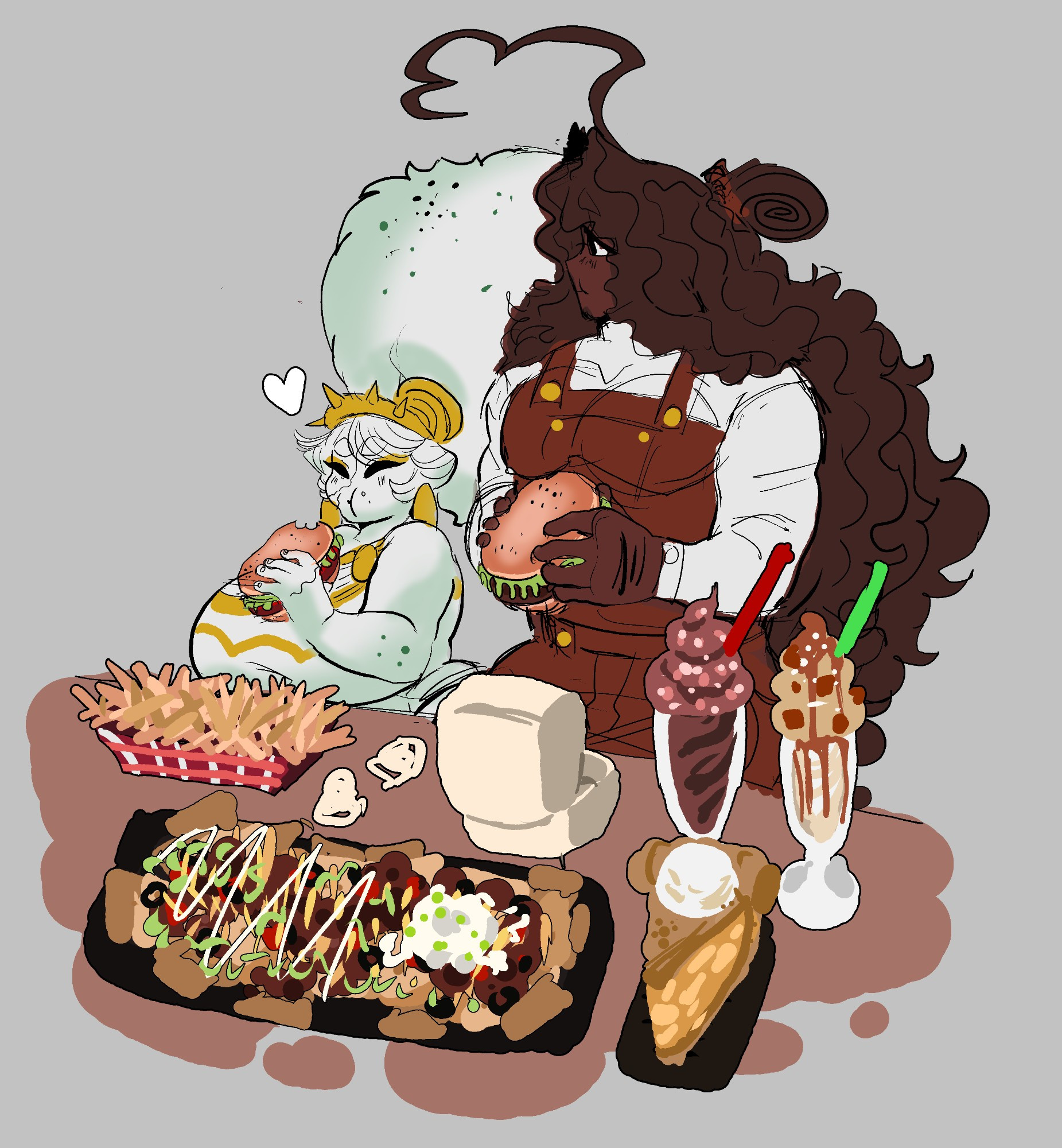 Galatea and Pygmalion sitting at a table together having a large meal that consists of burgers, fries, nachos, milkshakes, and apple pie for dessert. 🥧