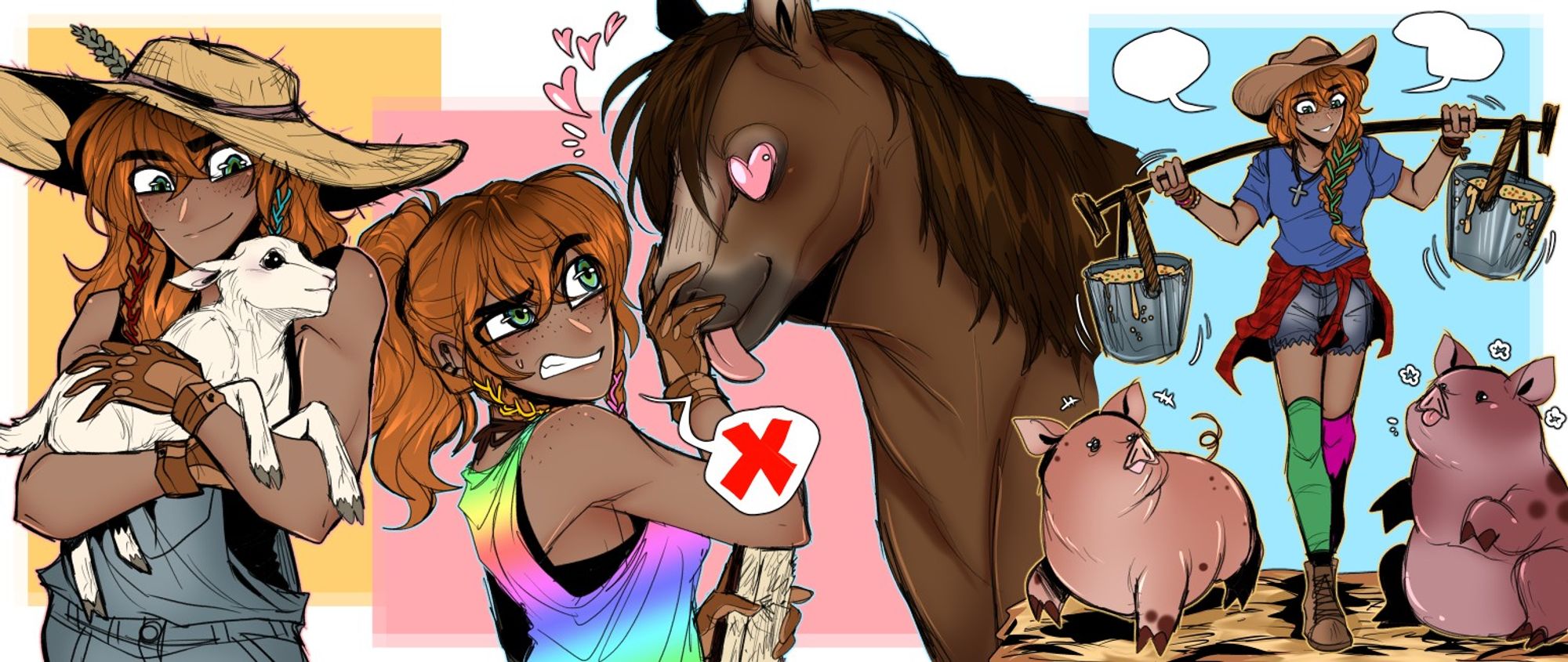 A wide canvas with three doodles of my OC Friday: the first of her holding a lil lamb, the second of her pushing away a horse with lewd intentions and the third with her walking with food hanging on her shoulders to feed the two pigs around her