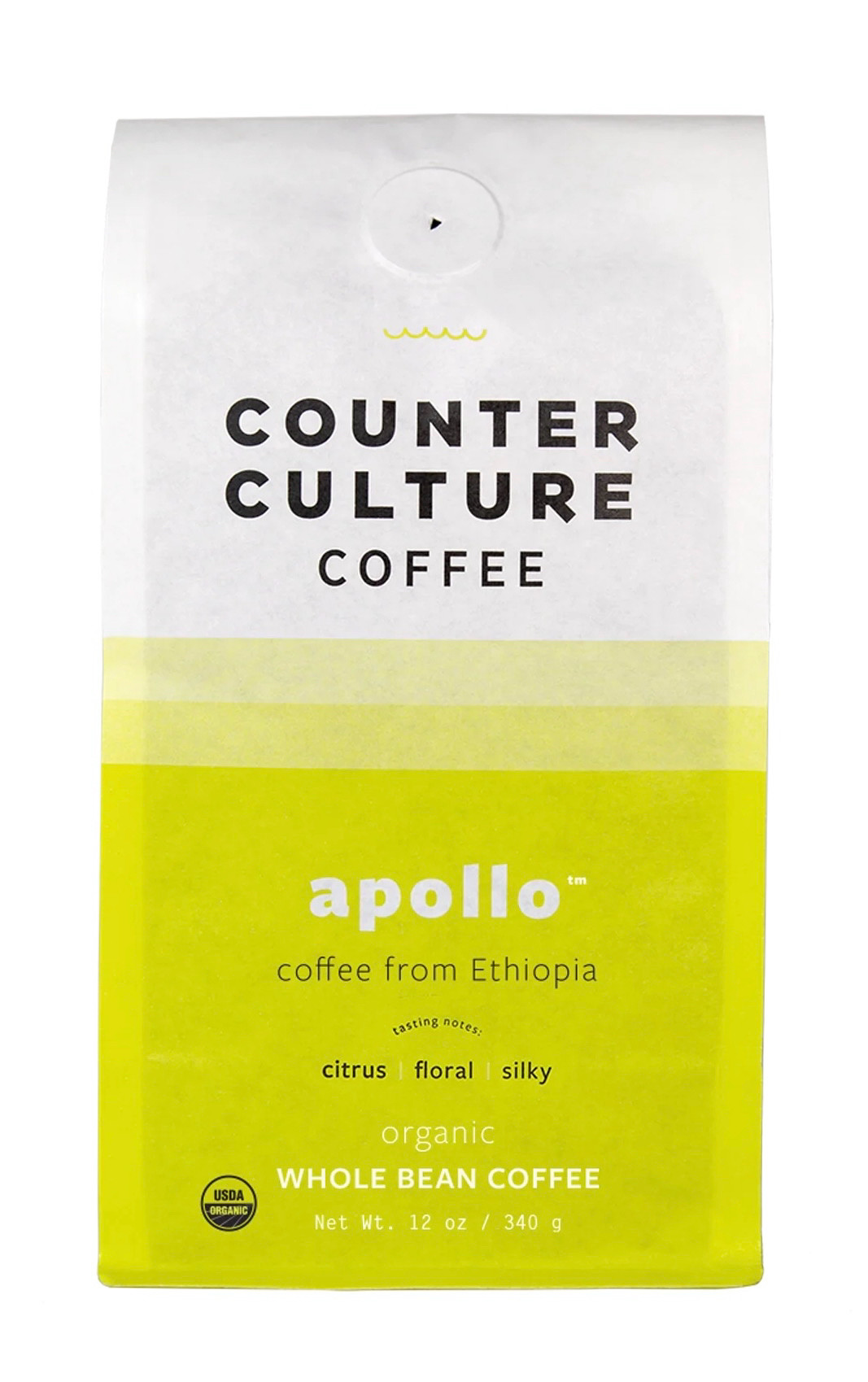 Photo of a bag of coffee beans from company Counter Culture. The bag reads “Apollo coffee from Ethiopia tasting notes citrus floral silky”