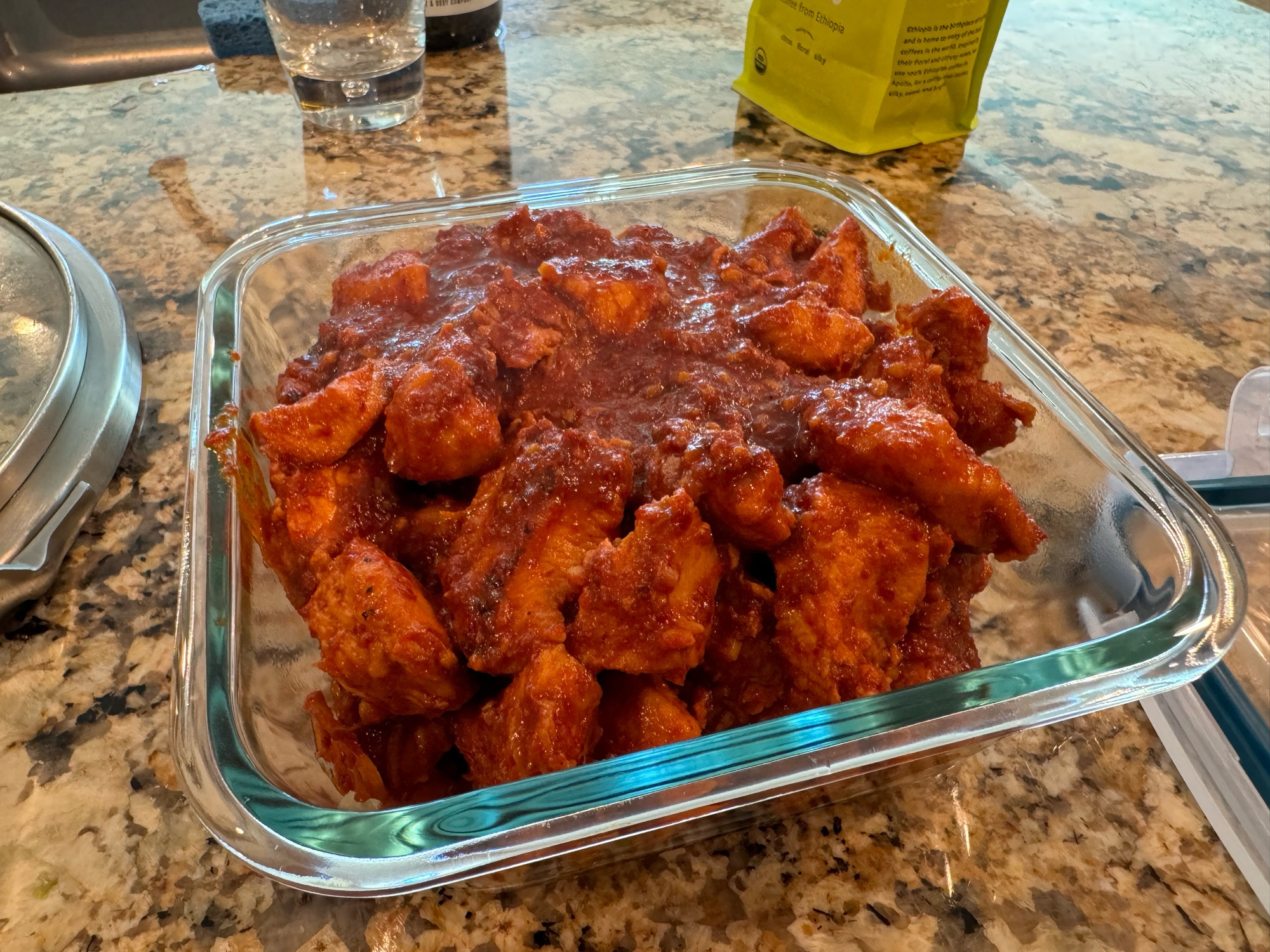 Photo of cooked buldak in a glass container