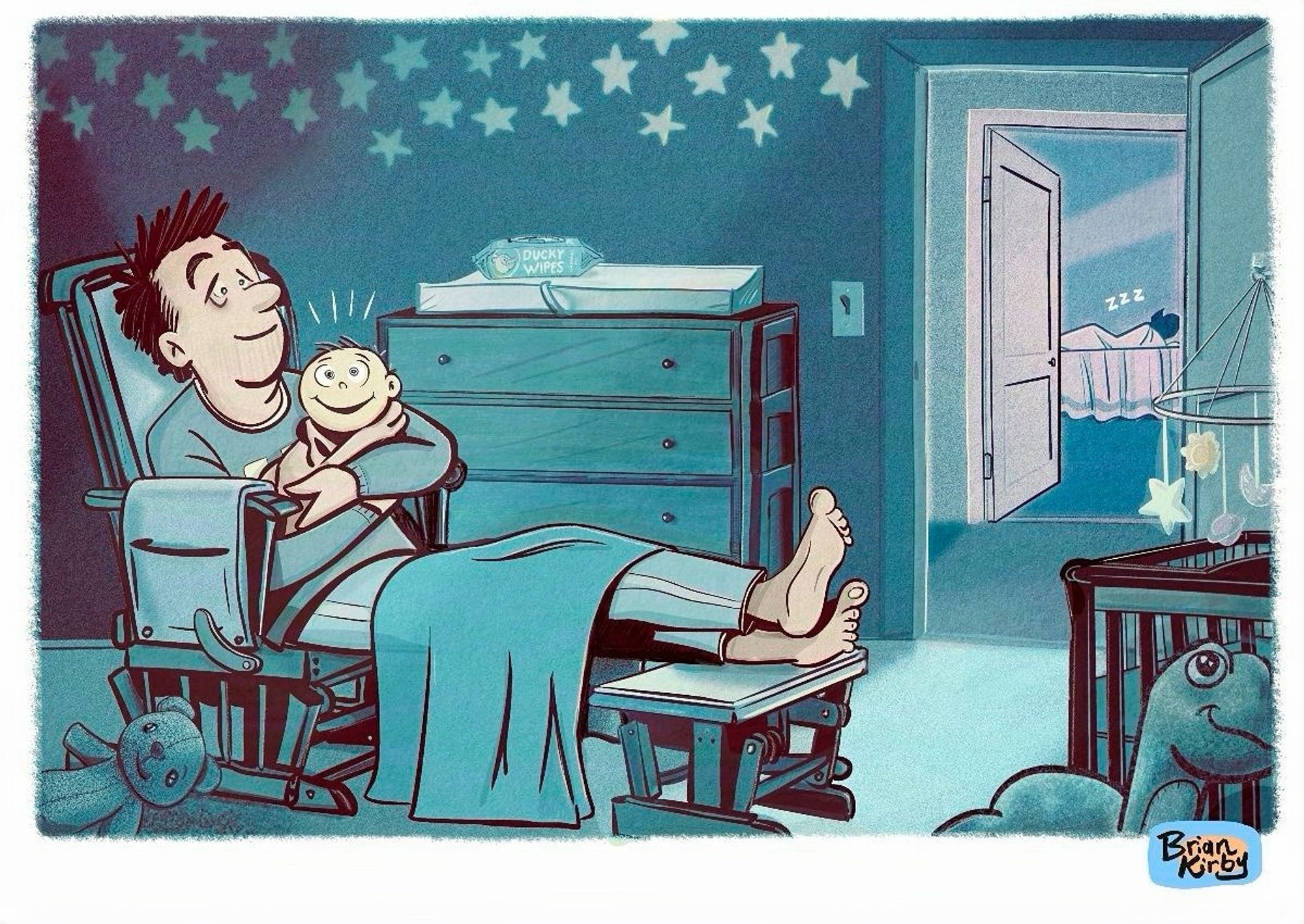 Cartoon of a very tired but also proudly smiling dad sits in a nursing chair in a baby’s room, holding an extremely wide awake baby in the dark, as mom is seen sleeping in a bed across the hall.