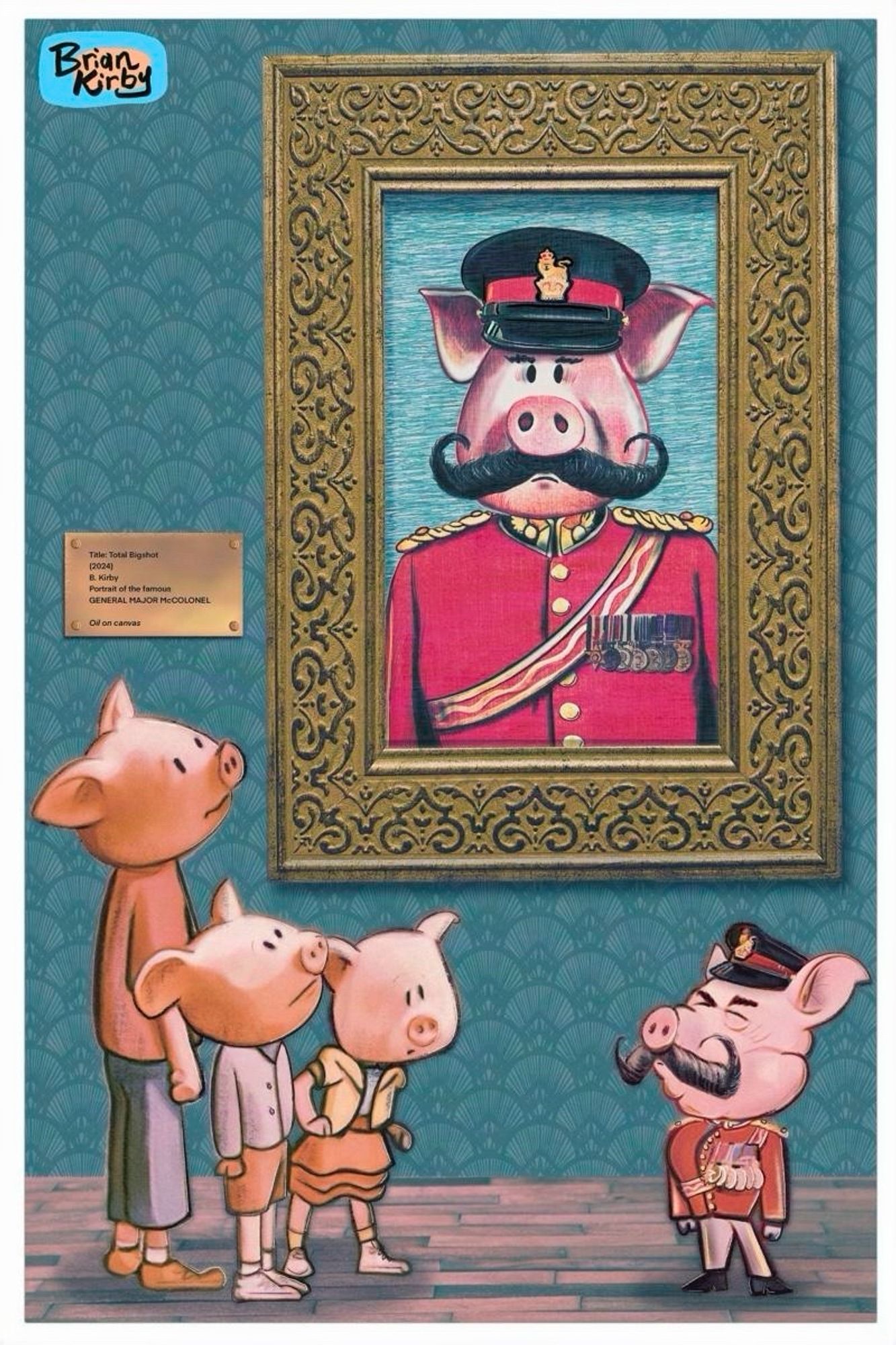 Cartoon of a group of piglets looking at a massive portrait of a mustachioed pig in military regalia, while the subject of the painting stands before them, in reality even smaller than they are.