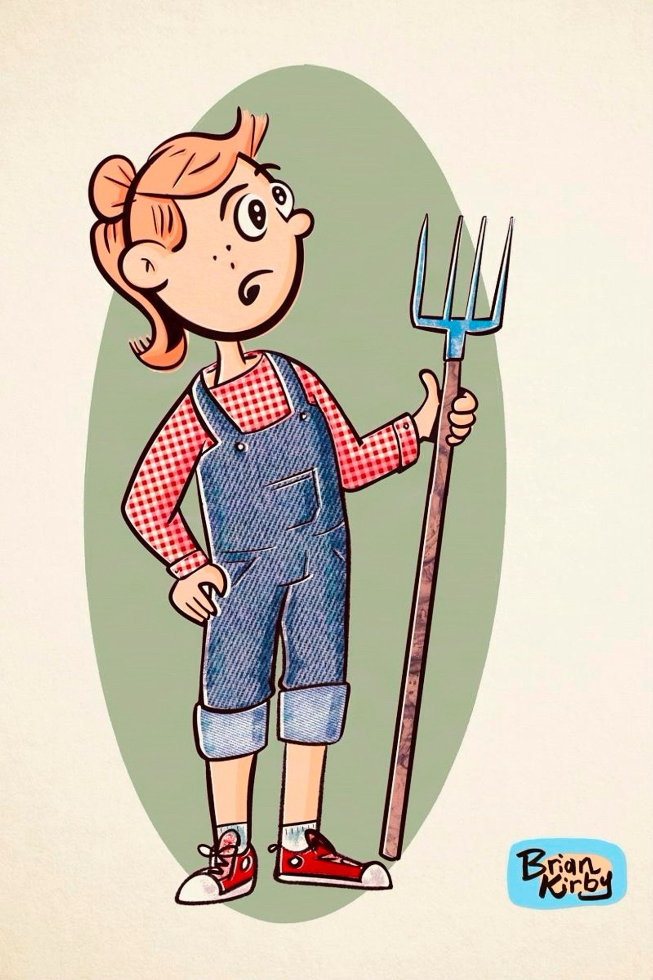 Cartoon spot drawing of a red-haired girl in denim overalls, holding a pitchfork.