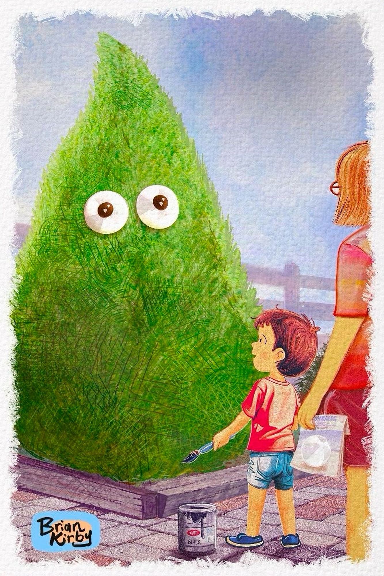 Picture book drawing of a little boy with a paintbrush  admiring an evergreen tree that has been given muppet-like beach ball eyes, with a woman standing behind him.