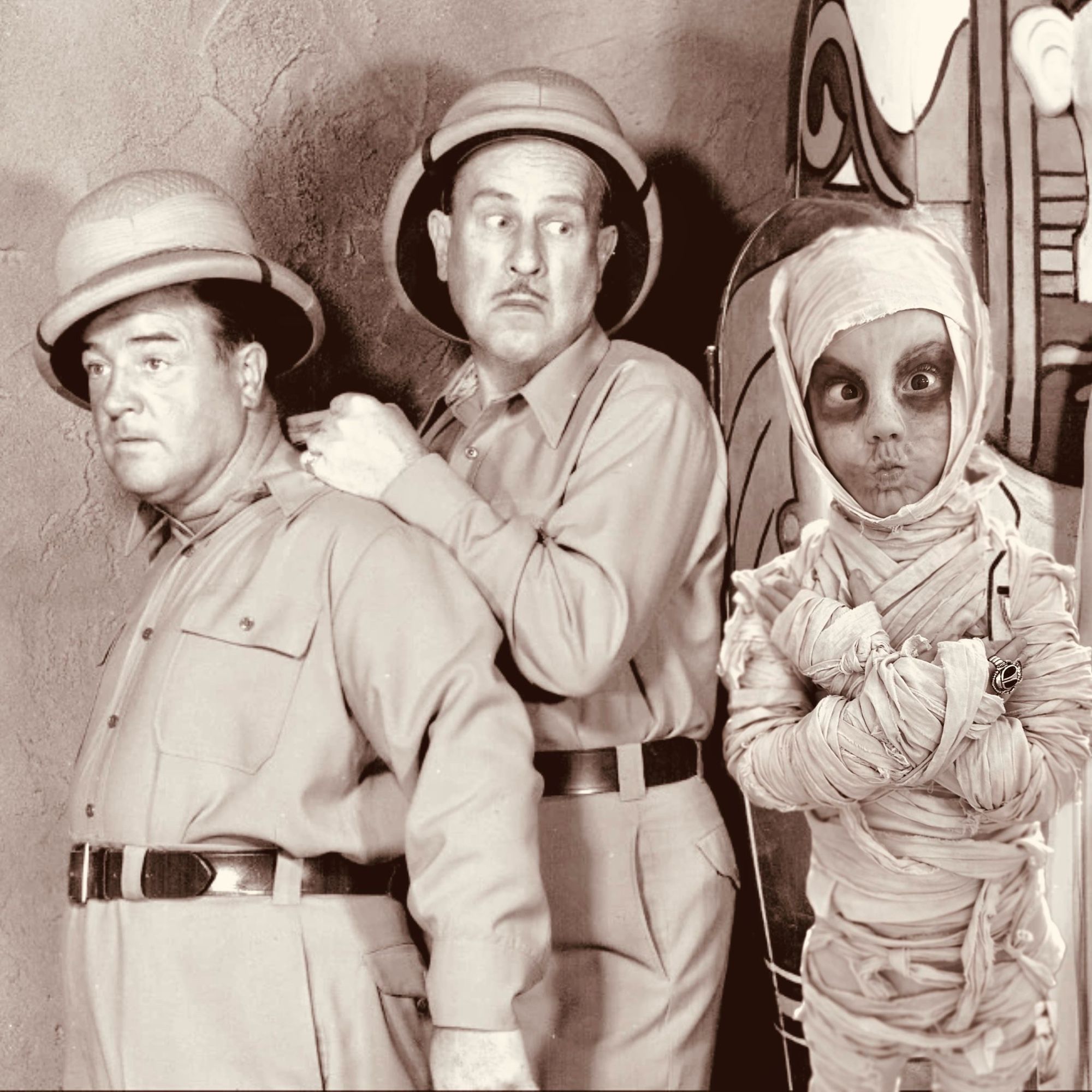 Photoshop of Abbott & Costello being menaced by a kid in a mummy costume