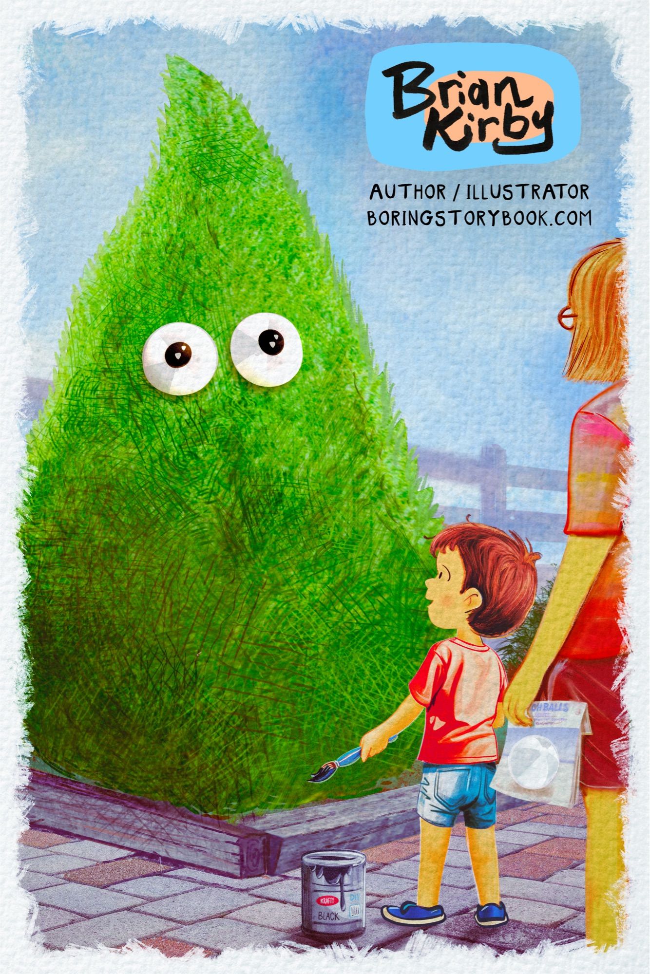 Cartoon of a lady and little boy who have put googly eyes on a cypress tree.