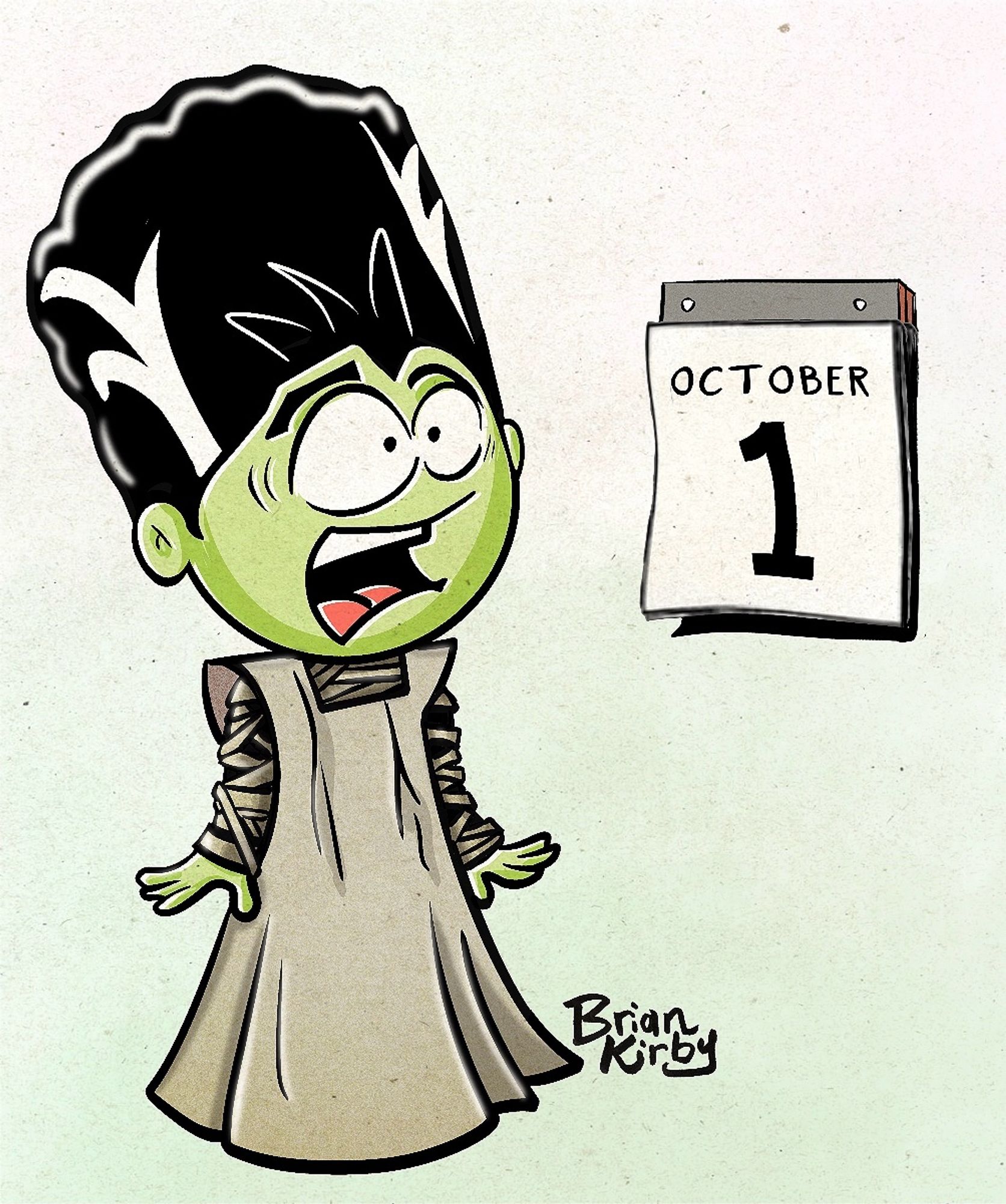 Cartoon of a girl dressed as the bride of frankenstein screaming at a wall calendar showing October 1