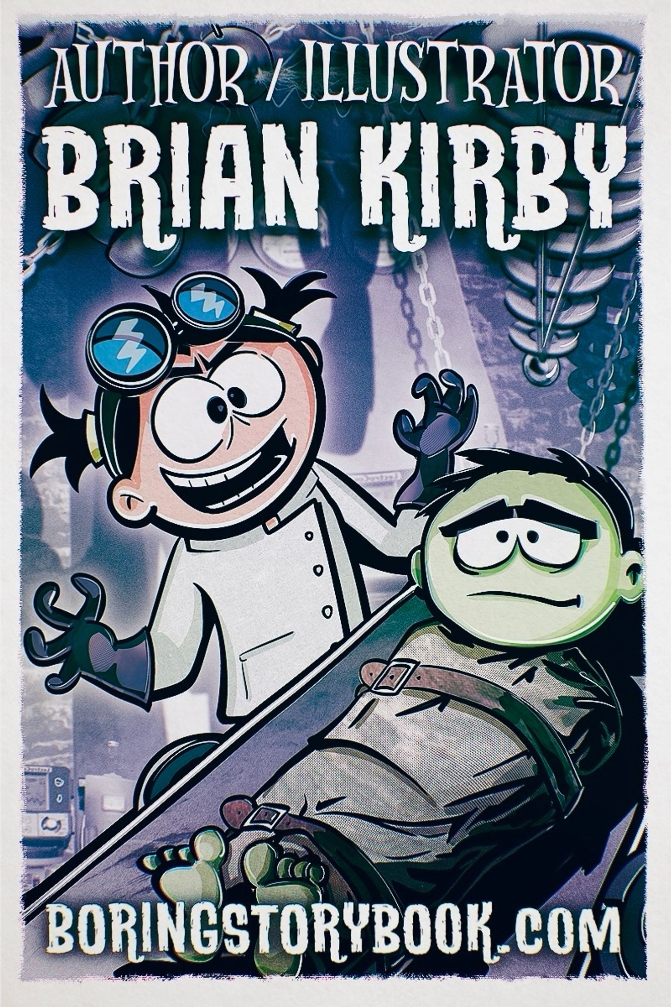 Cartoon illustration of a girl in a mad scientist outfit cackling over a little boy Frankenstein strapped to a table in a lab.