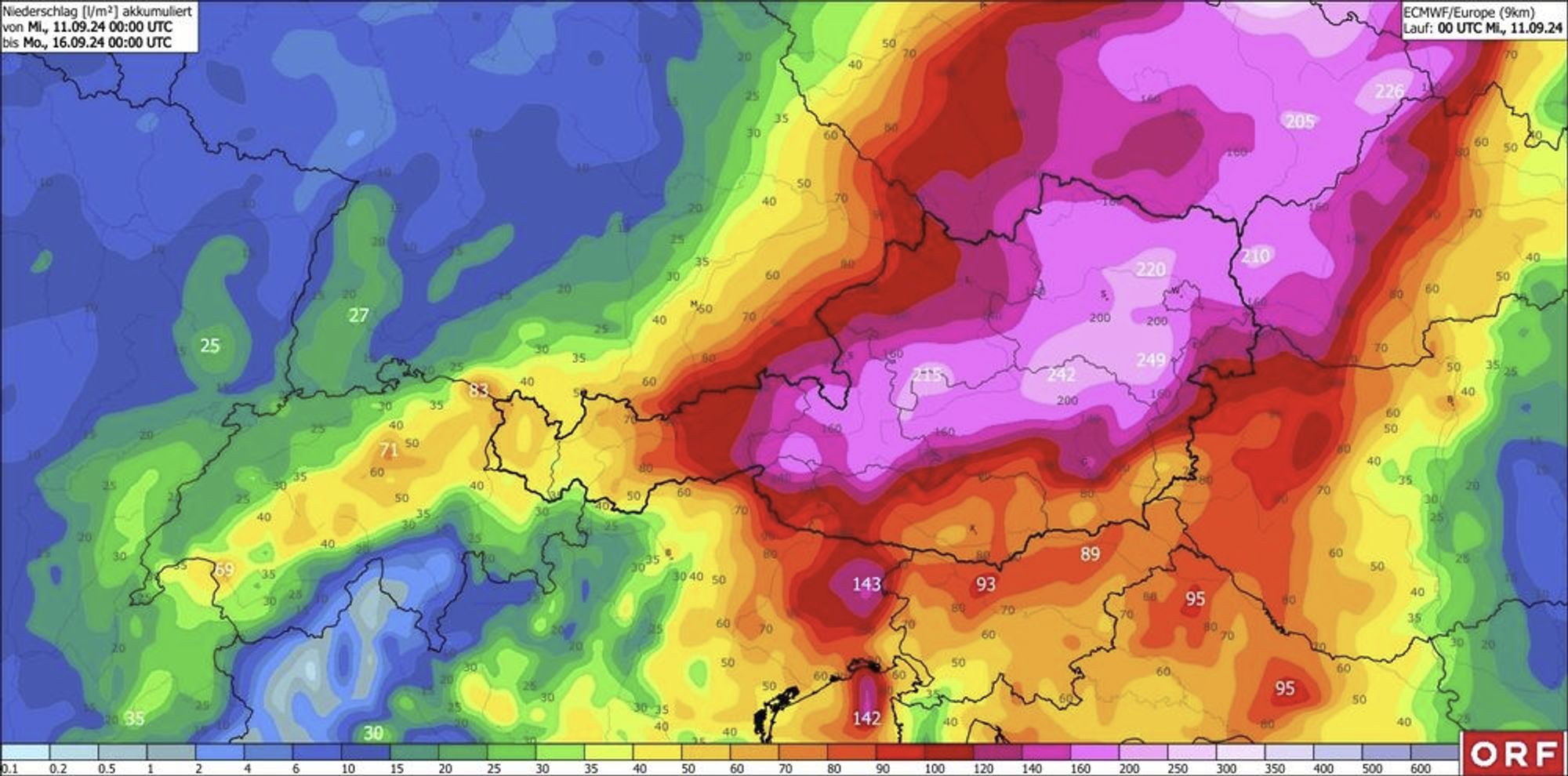 Eine Vorhersage von Regenfall für die kommenden Tage. Große Teile Österreichs werden extreme Regenmassen abbekommen.