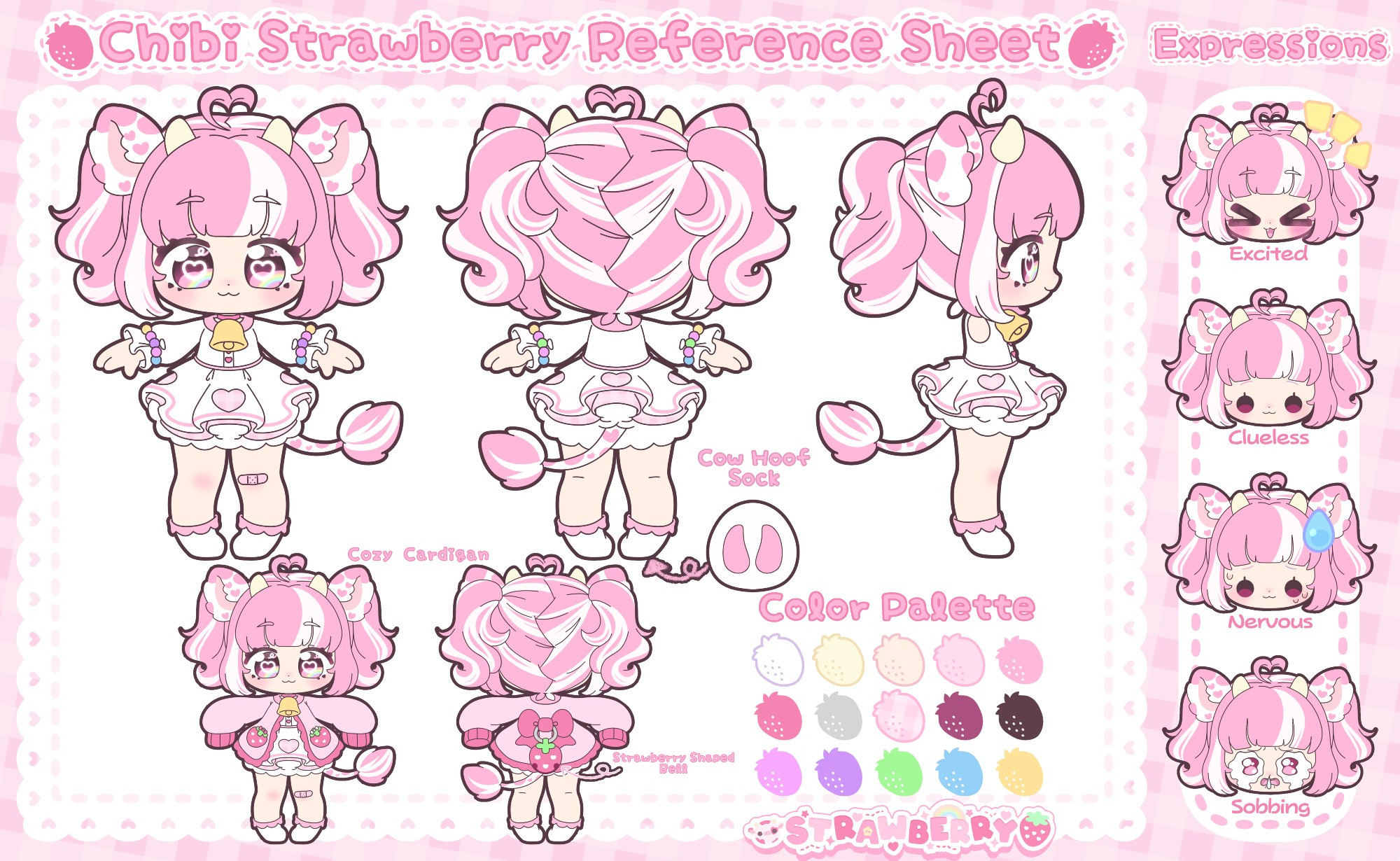 THIS IS MY SILLY ART REFERENCE!!! IT'S ME!!!!! (You see a pink strawberry cow themed character whom, you can only assume, their entire wardrobe consists of pink clothing.)