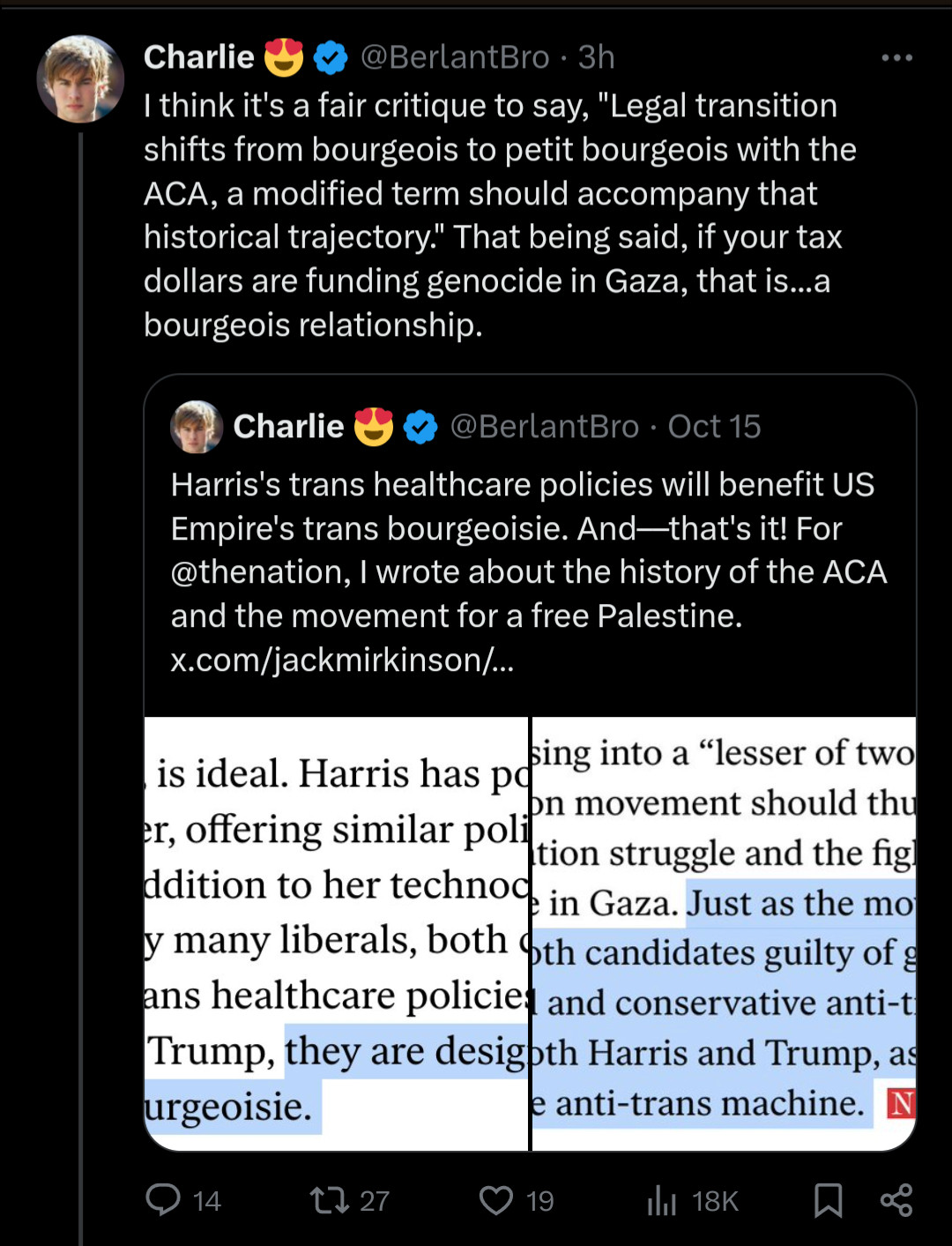 Screen shot of charile Markbieter on Twitter saying "I think it's a fair critique to say 'Legal transition shifts from bourgeoisie to petite bourgeoisie with the ACA, a modified term that should accompany that historical trajectory." That being said, if your tax dollars are finding genocide in Gaza, that is... A bourgeois relationship.