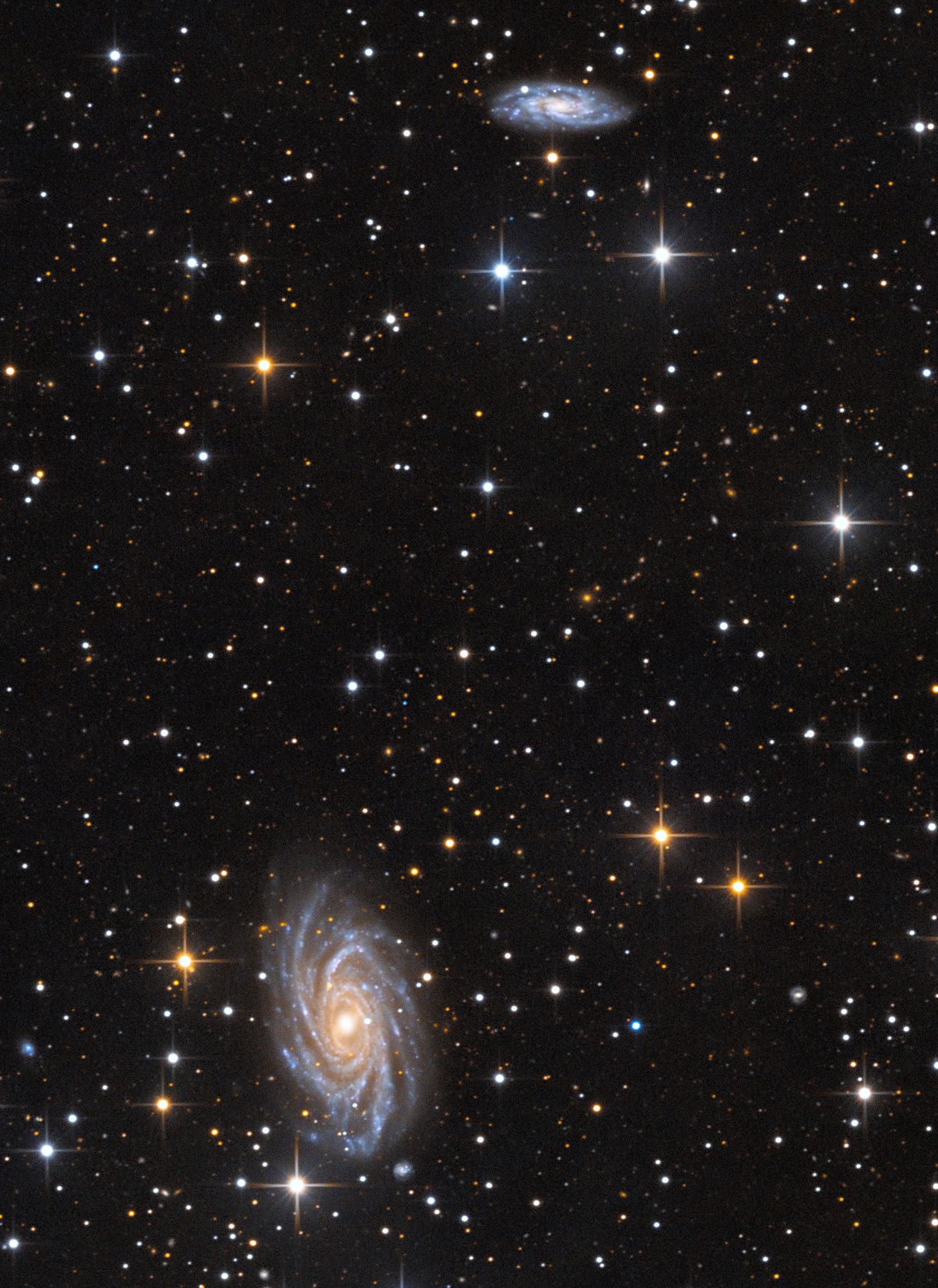 "A detailed image of NGC 2336, a barred spiral galaxy in the constellation Camelopardalis, located about 100 million light-years from Earth. The galaxy, with its bright core and graceful spiral arms, spans approximately 200,000 light-years. The surrounding field is dotted with stars, with another smaller galaxy visible above NGC 2336 (IC 467), adding to the sense of depth. Discovered by Wilhelm Tempel in 1876, this galaxy stands out for its beautiful structure and scale." #space #astrophotography