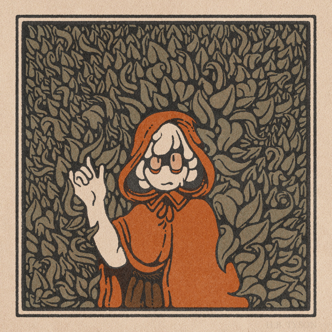 A digital illustration in the style of a vintage storybook. A pale, humanoid figure wearing a red cloak emerges from a wall of leaves. She looks at the viewer with a serious expression.