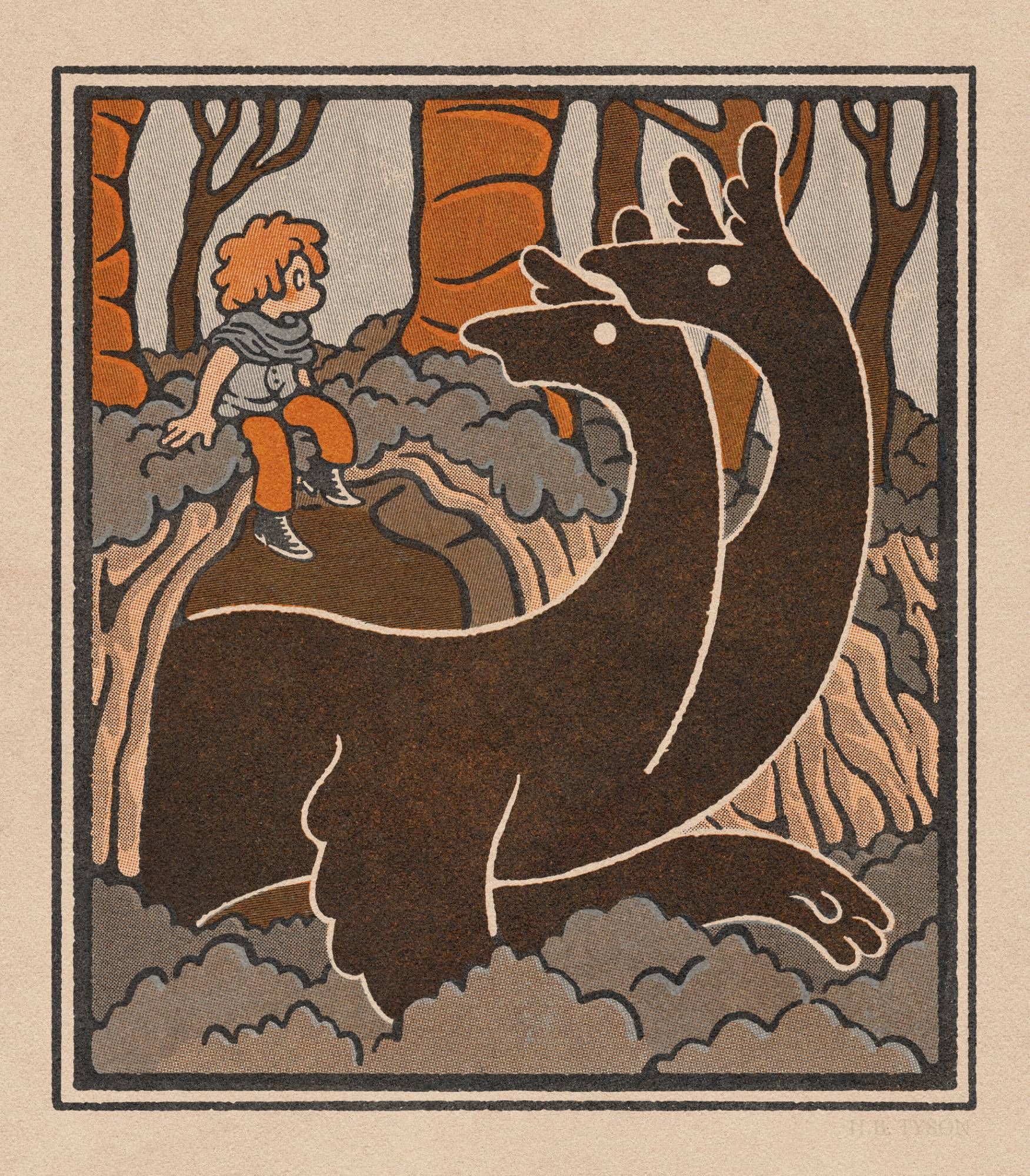 A digital illustration in the style of old print. A large two-headed beast with dark fur emerges from a cave. It lifts its heads to make eye contact with a redheaded child sitting above the cave’s entrance.