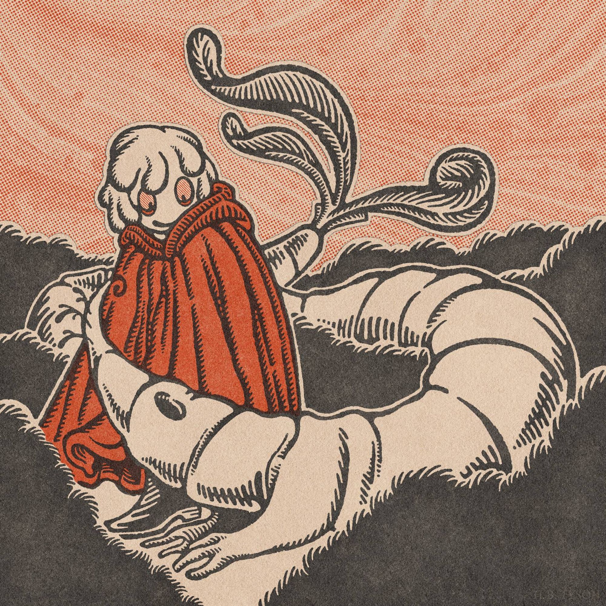 A digital illustration in the style of a block print. A humanoid figure wearing a red cloak stands next to a long, segmented creature that resembles a carrot. The creature’s body weaves in-and-out of dark bushes.