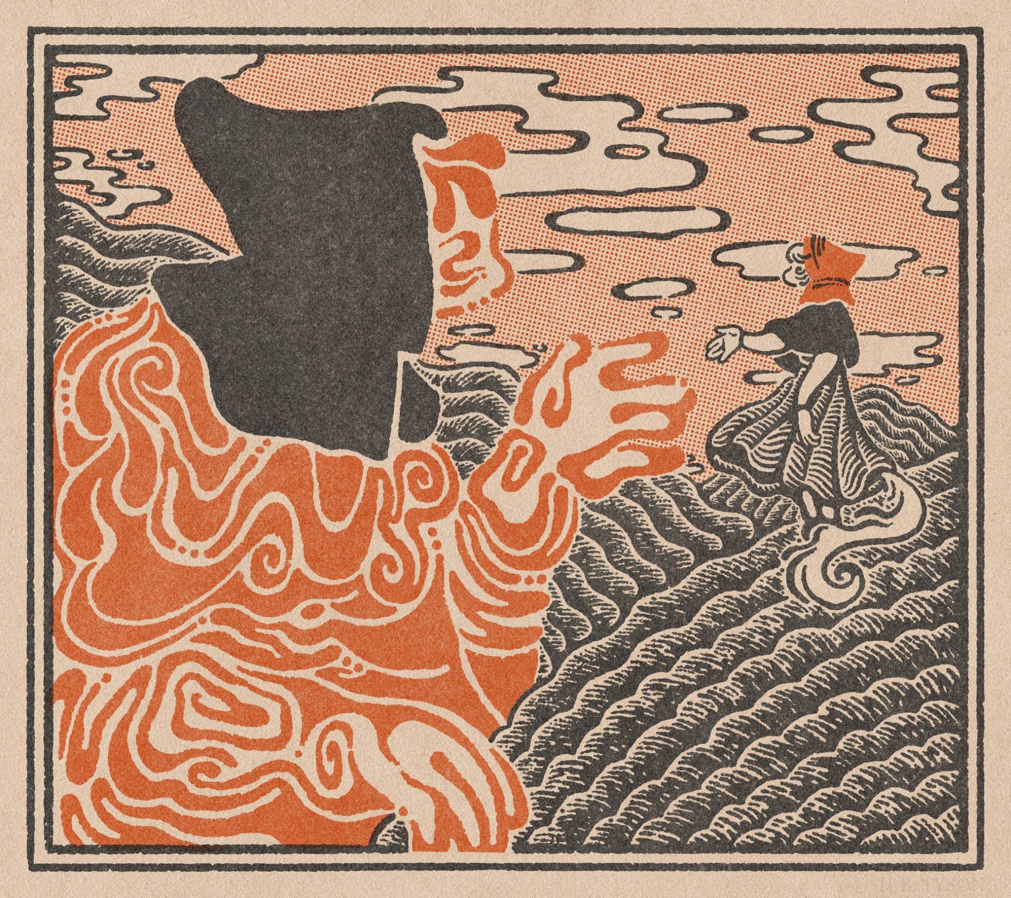 A digital illustration in the style of old print. A woman standing on a hill reaches out her hand to a giant. The giant, whose body is made up of abstract shapes, reaches out its hand in return.