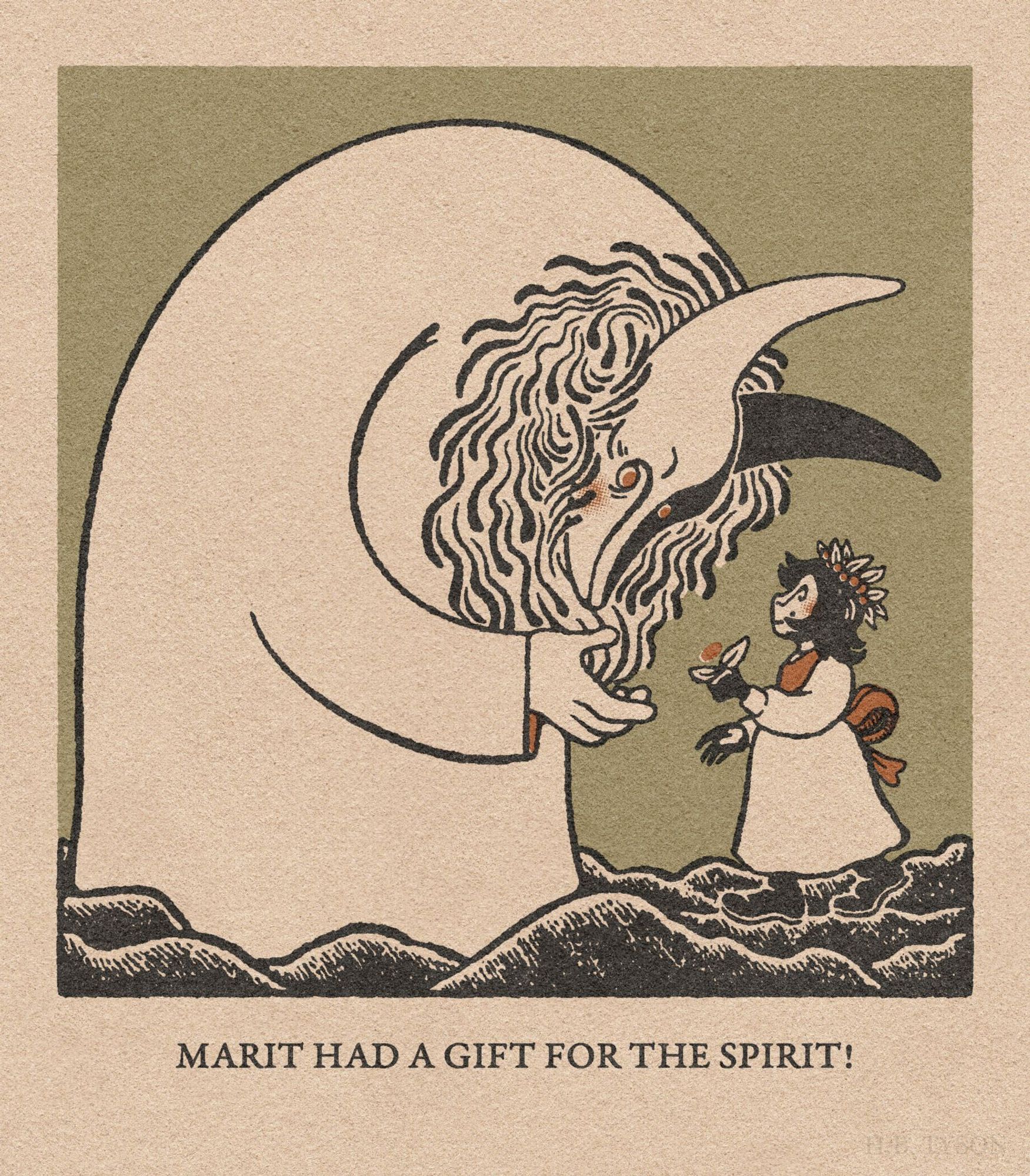 Digital illustration depicting a humanoid woman handing a flower to a giant, horned spirit. The spirit holds out their hand to accept the offering from her.

Below this illustration reads: “Marit had a gift for the spirit!”