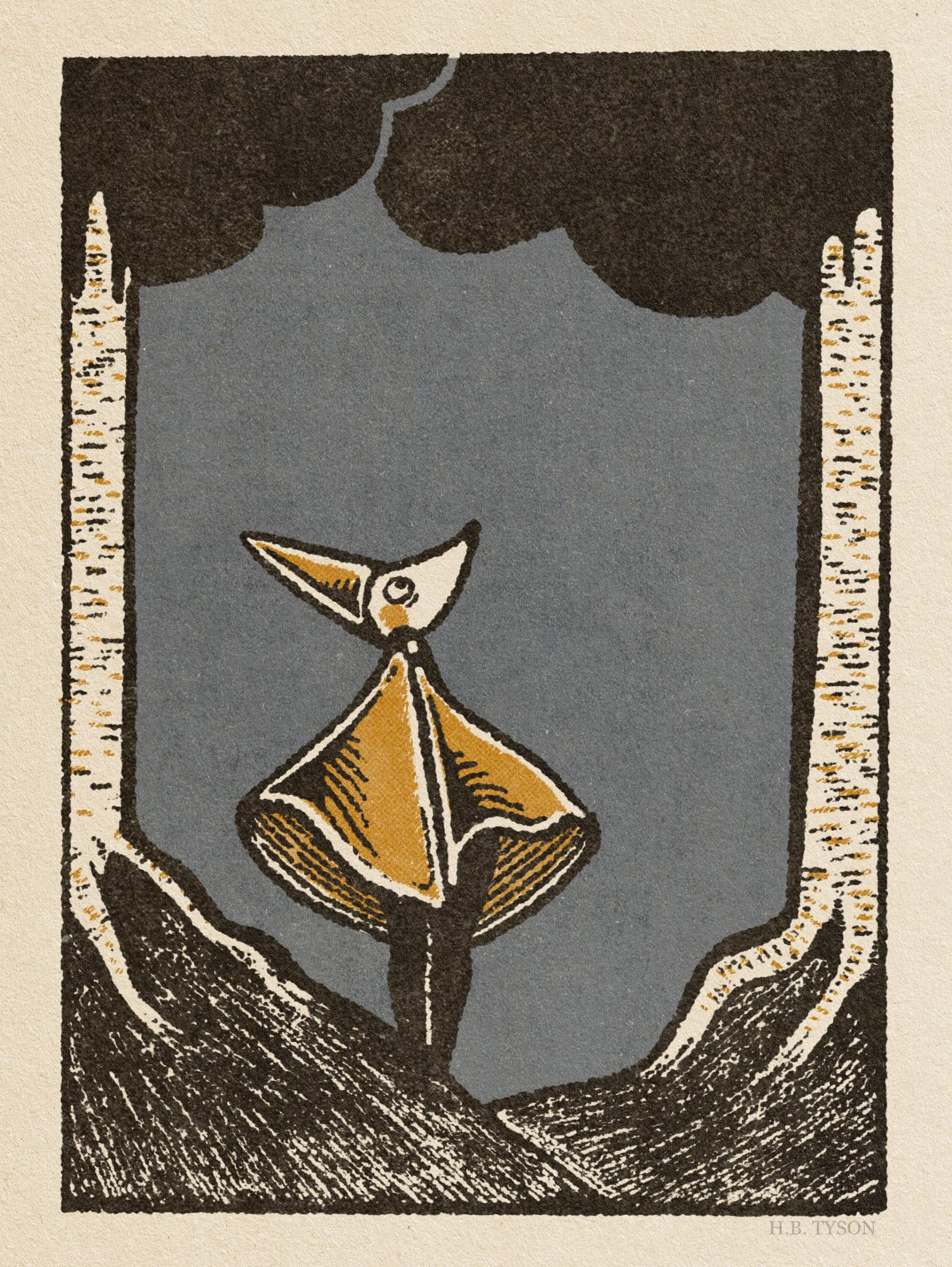 Digital illustration of a snouted figure wearing an orange cape and cone hat standing between two trees.