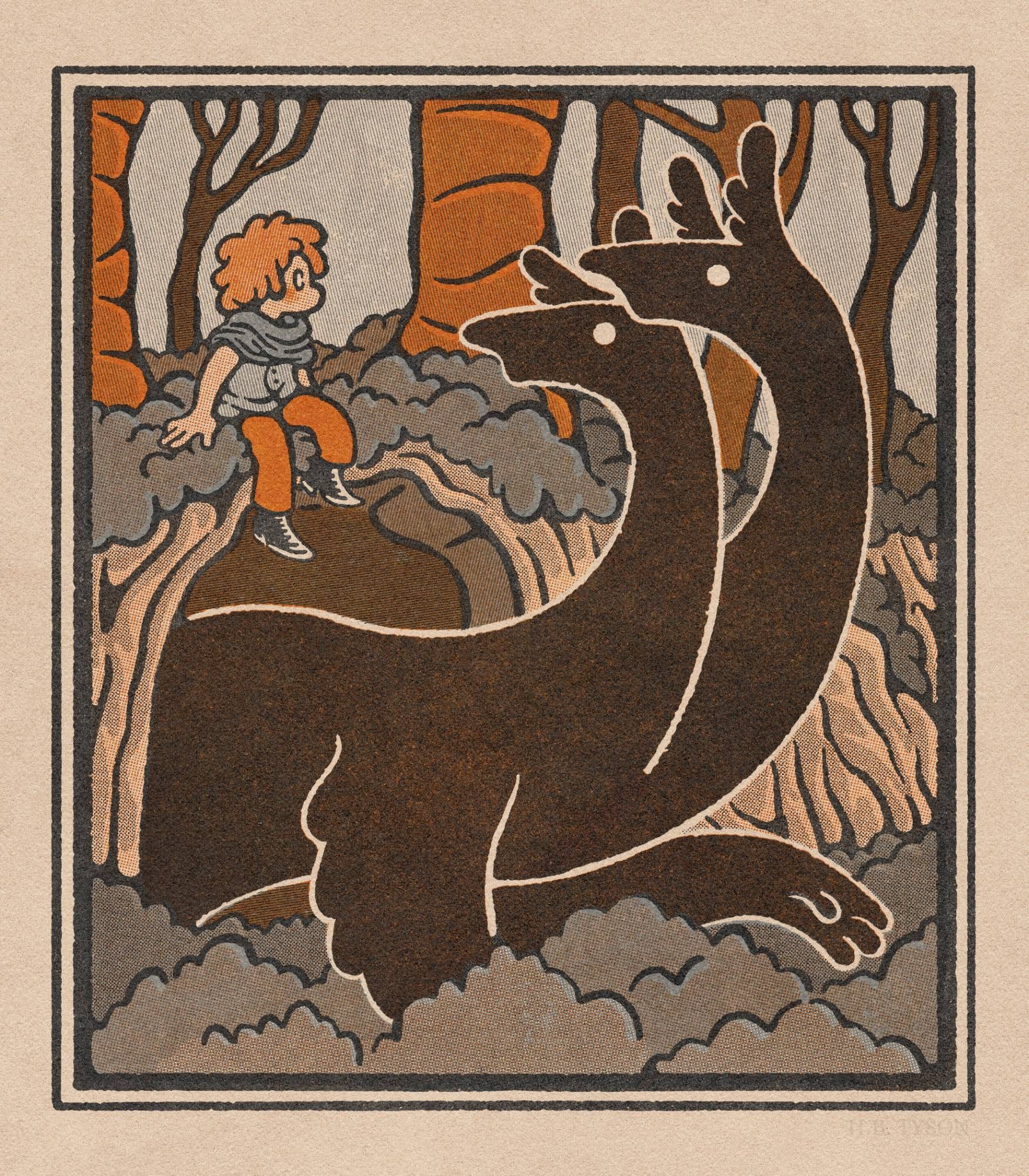 A digital illustration in the style of old print. A large, two-headed beast with dark fur emerges from a cave. It lifts its heads to make eye contact with a redheaded child sitting above the cave’s entrance.