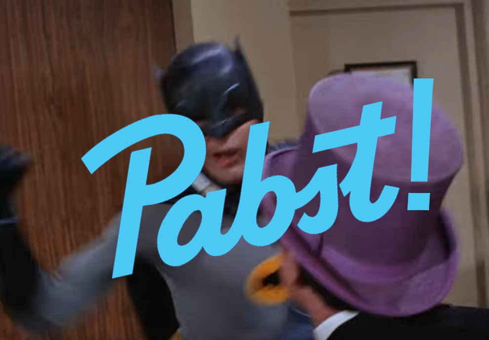 Batman punching the Penguin with the word "Pabst!" in light blue at a jaunty angle