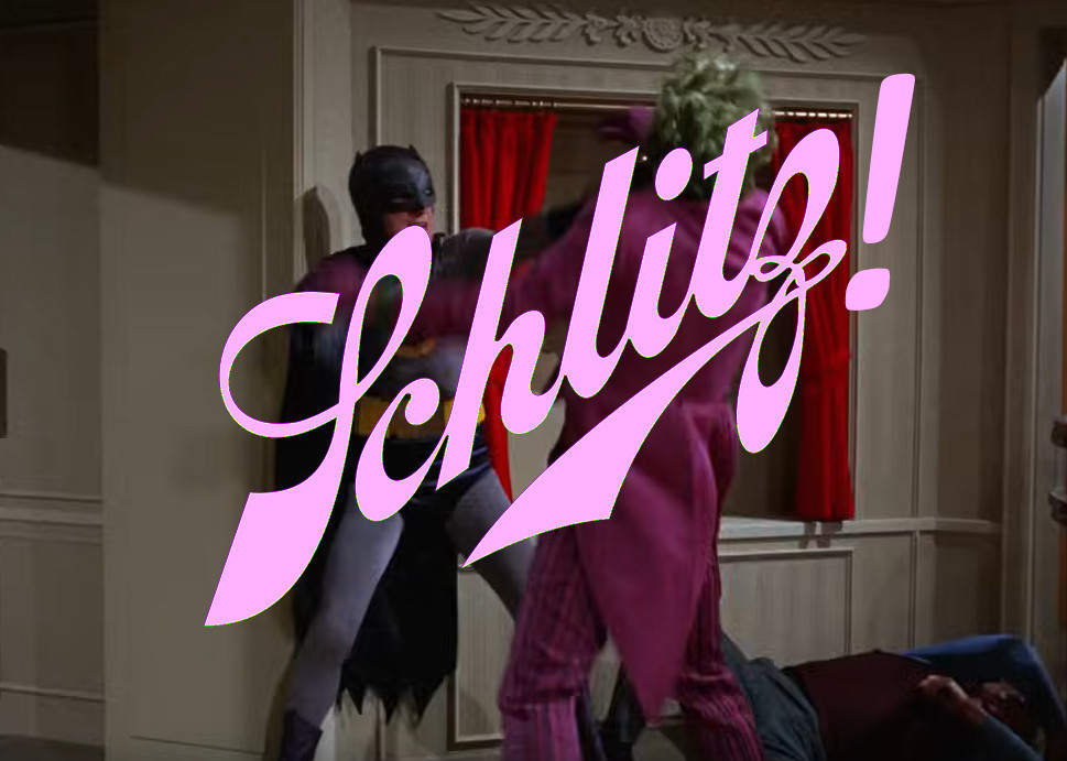 Batman punching Cesar Romero Joker with the word "Schlitz!" in pink at a jaunty angle