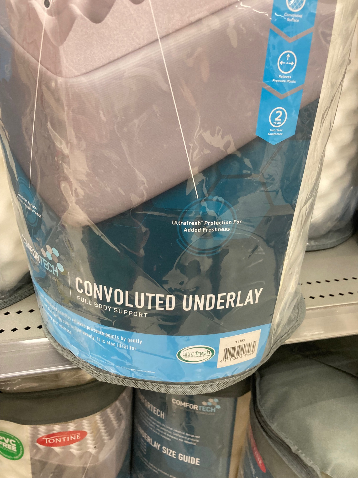 Mattress protector on a shelf called a “convoluted underlay”