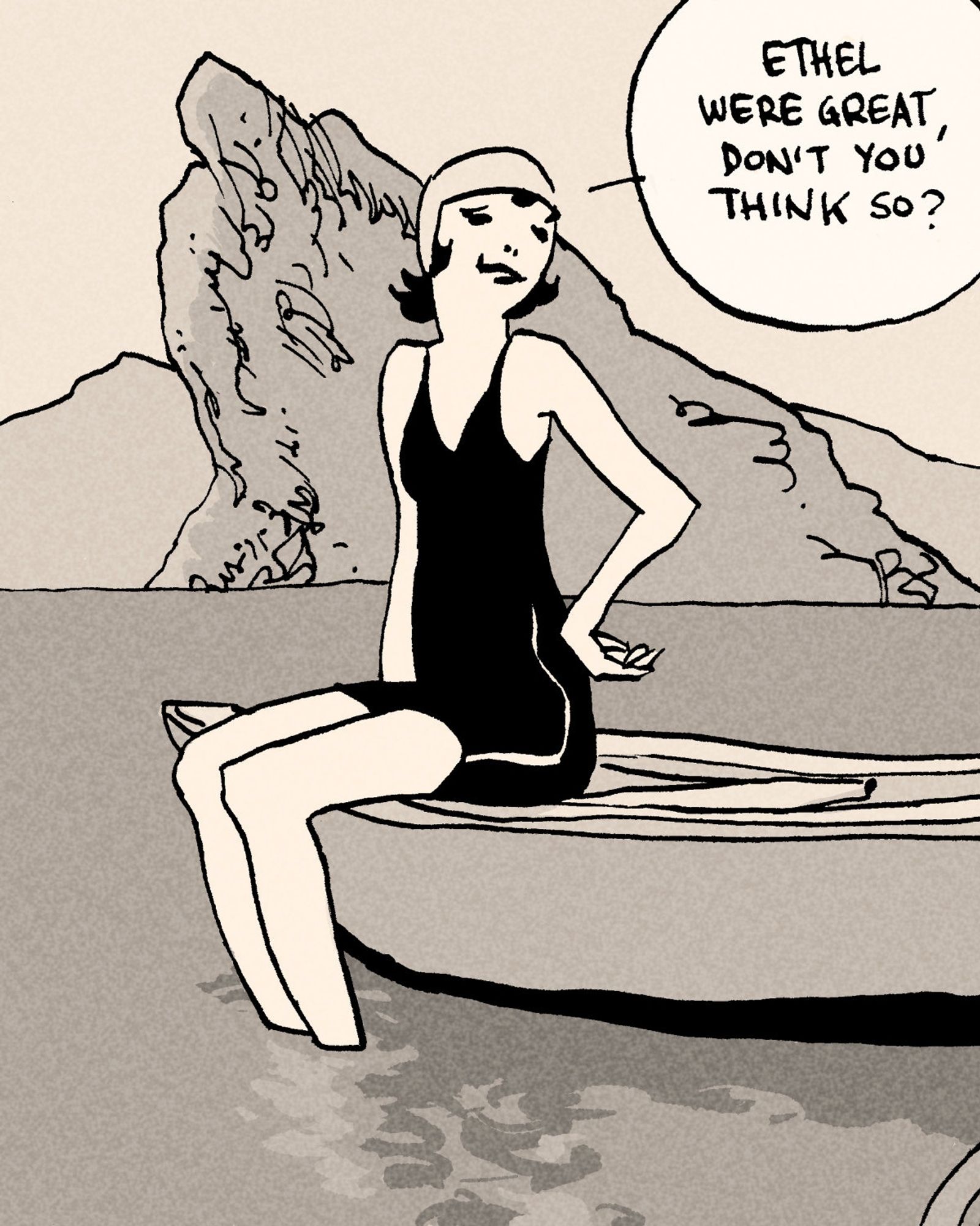 drawn after Ethel Hays: A woman sitting on a boat says: "Ethel were great, don't you think so?"