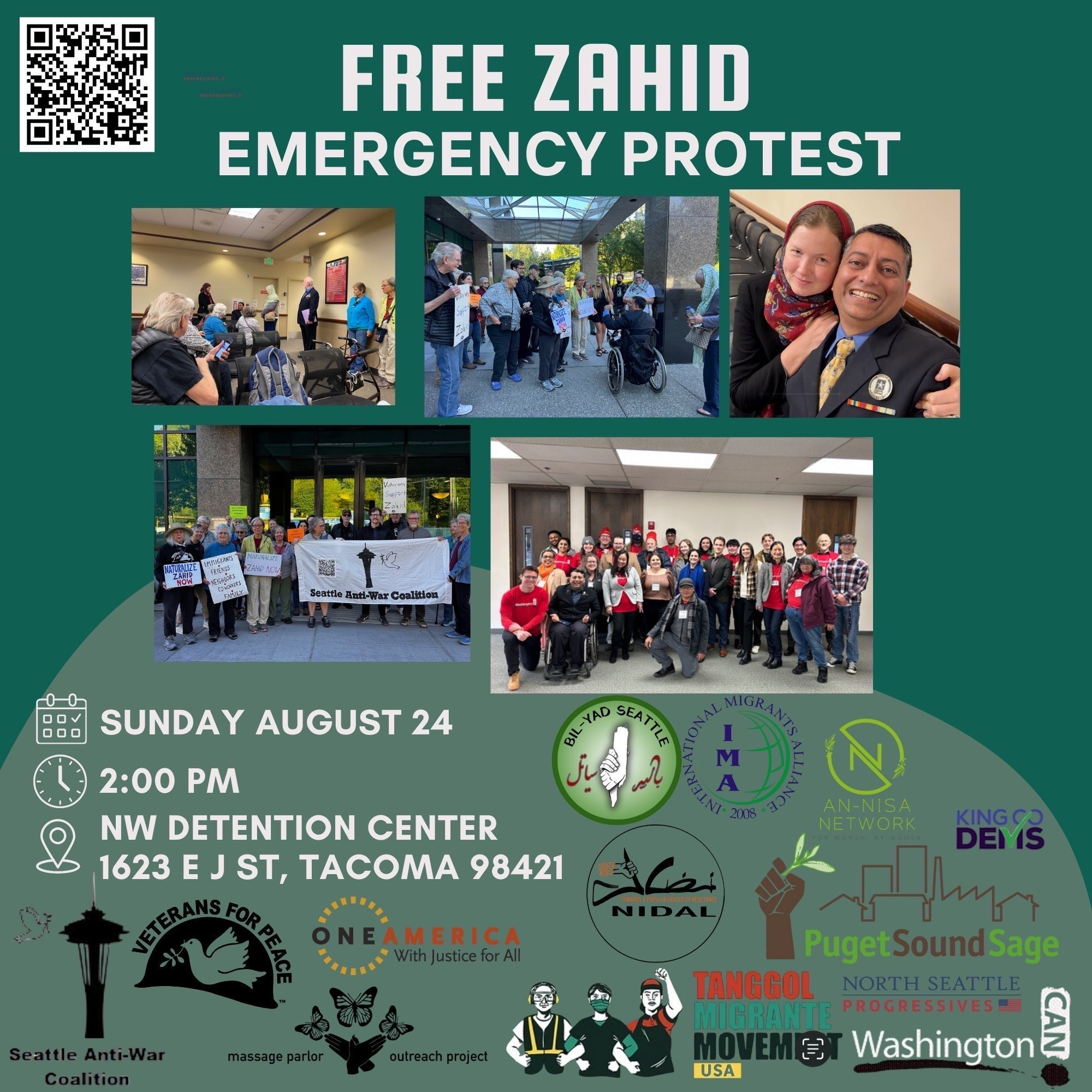 Free Zahid Emergency Protest
Sunday August 24
NW Detention Center
1633 E J St, Tacoma Washington