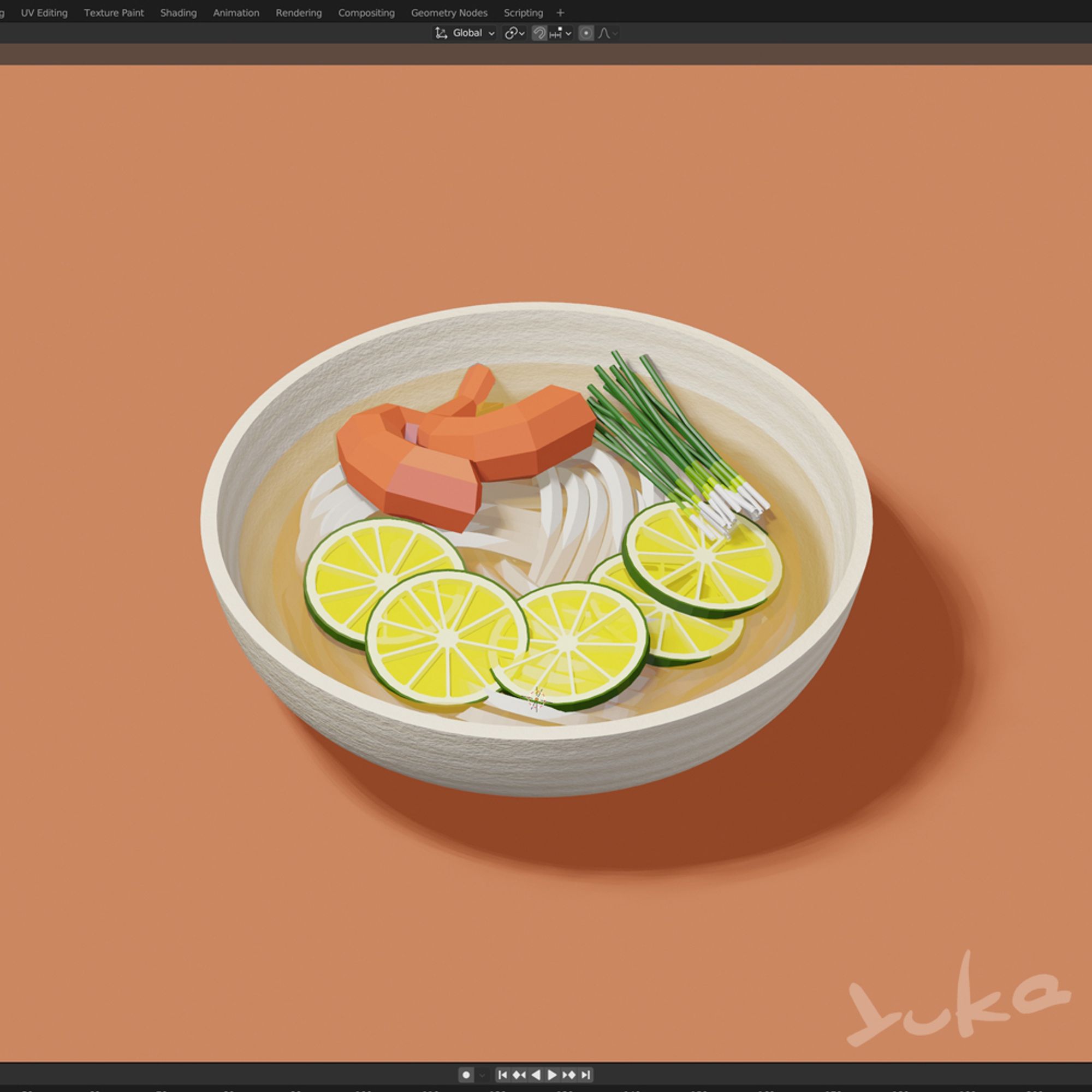 柚子うどん　うどんの上に、茹で海老とワケキとスライスされた柚子が乗っている。 
#Blender_0vk