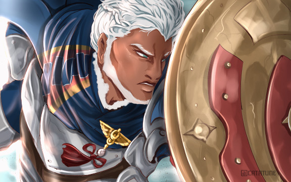 Dedue in his Fire Emblem: Three Hopes appearance raising his shield as he looks fiercely off to the right side of the image where enemies presumably are.