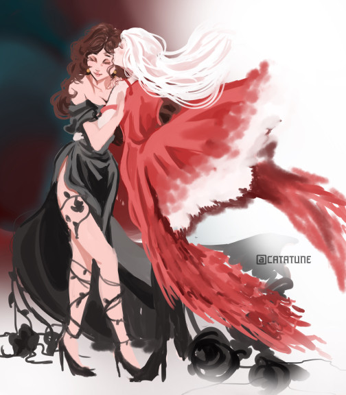 Edelgard with her arms wrapped around Dorothea’s waist while kissing her on the temple. Dorothea is wearing a black dress, the train of the dress forms into black roses on a vine. Edelgard wears a red dress whose skirt resembles the wings and tail of a bird. 