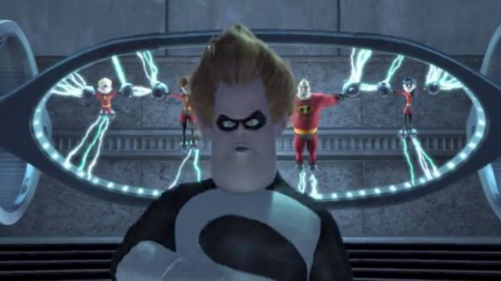 Syndrome in 'The Incredibles', with the Incredibles in his shackles