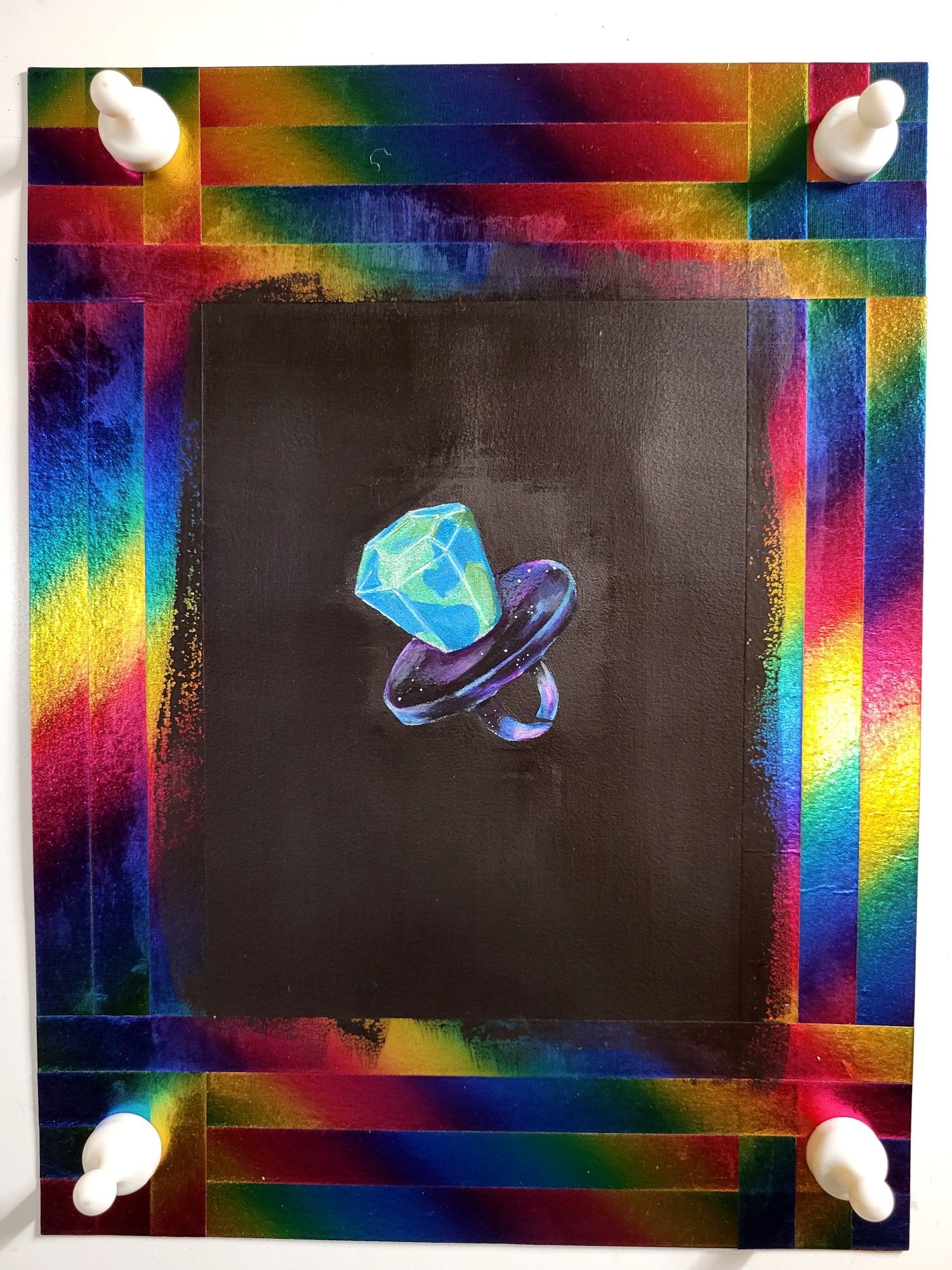 Colored pencil drawing of a ring pop on black paper.  The candy portion is colored to look like the Earth. The plastic ring portion is done with a galaxy motif.