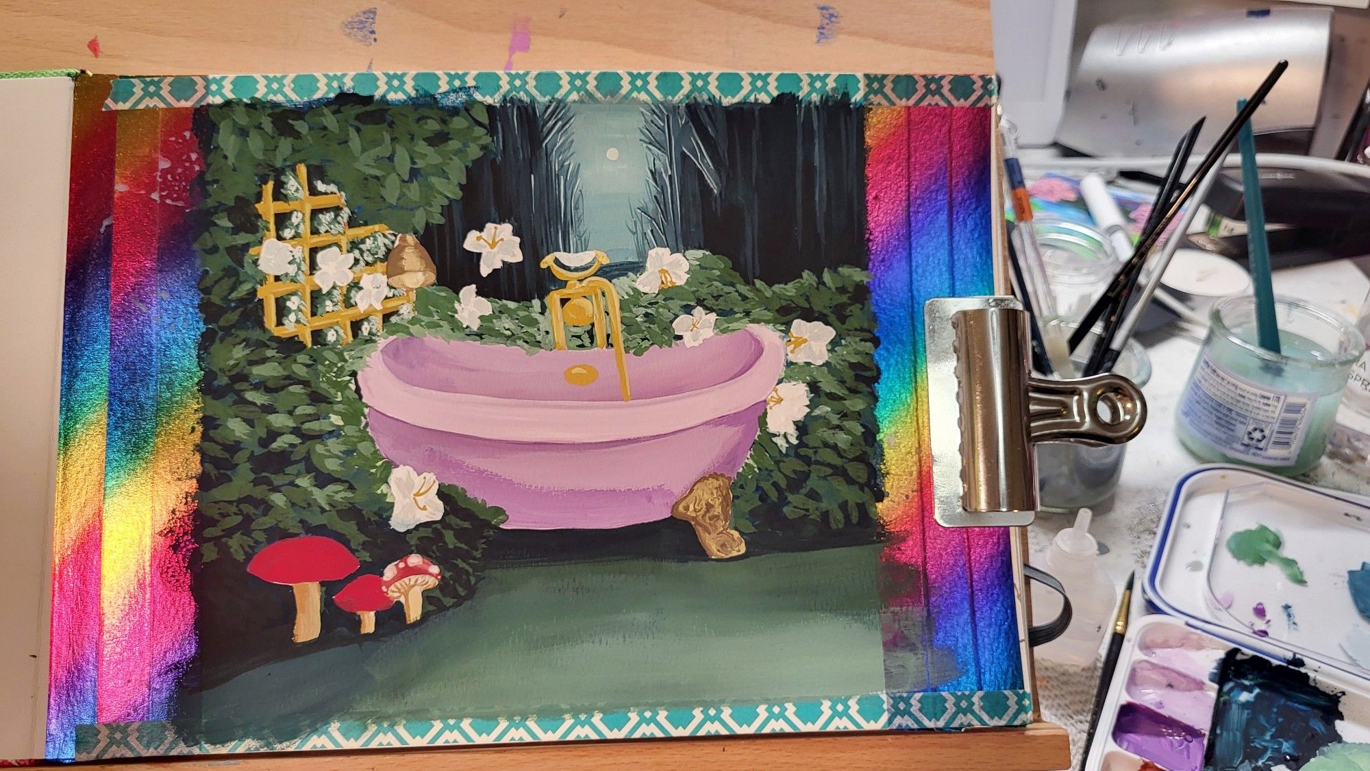 Gouache painting of a vintage lavender bathtub in a forest with nightblooming jasmine flowers and mushrooms in the foreground.