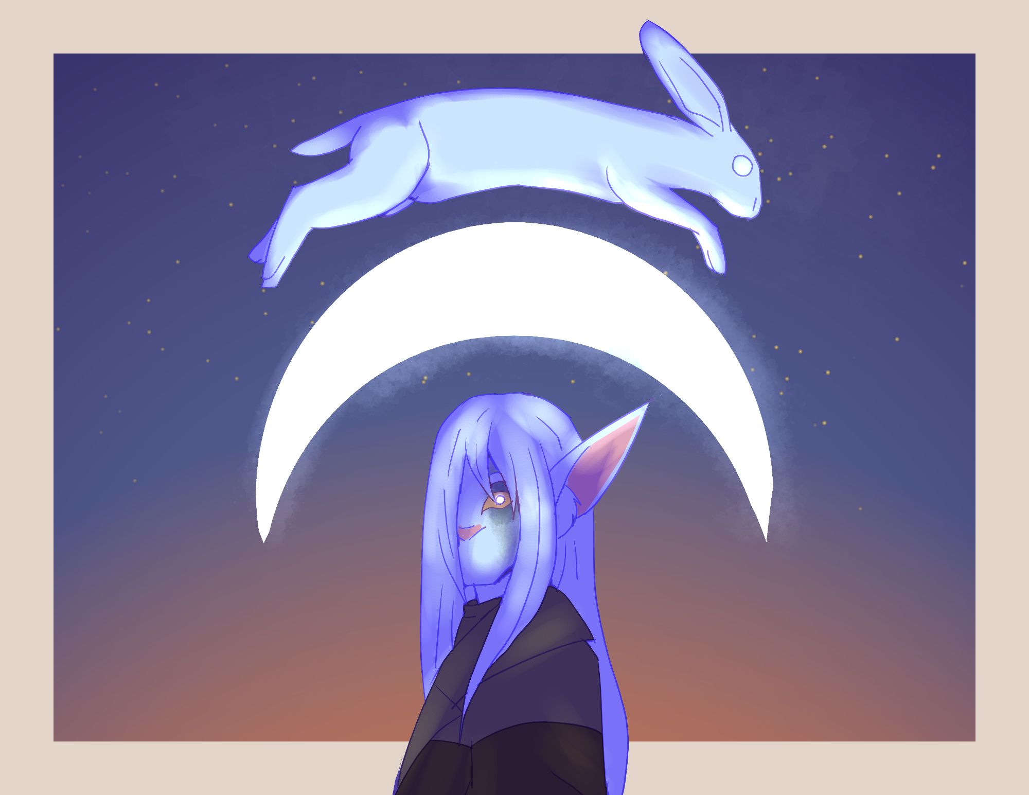 A humanoid with rabbit features and white fur/hair with long hair covering one of her eyes. A crescent moon is above her, and a leaping white rabbit is above the moon. The background is a box depicting a sunset sky against a pale tan outline.