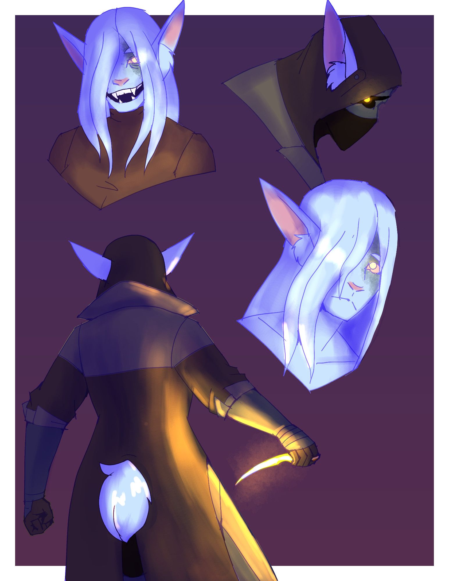 Three bust up drawings of the same bunny humanoid against a purple background. The 4th image at the bottom depicts her from the back holding a glowing knife.