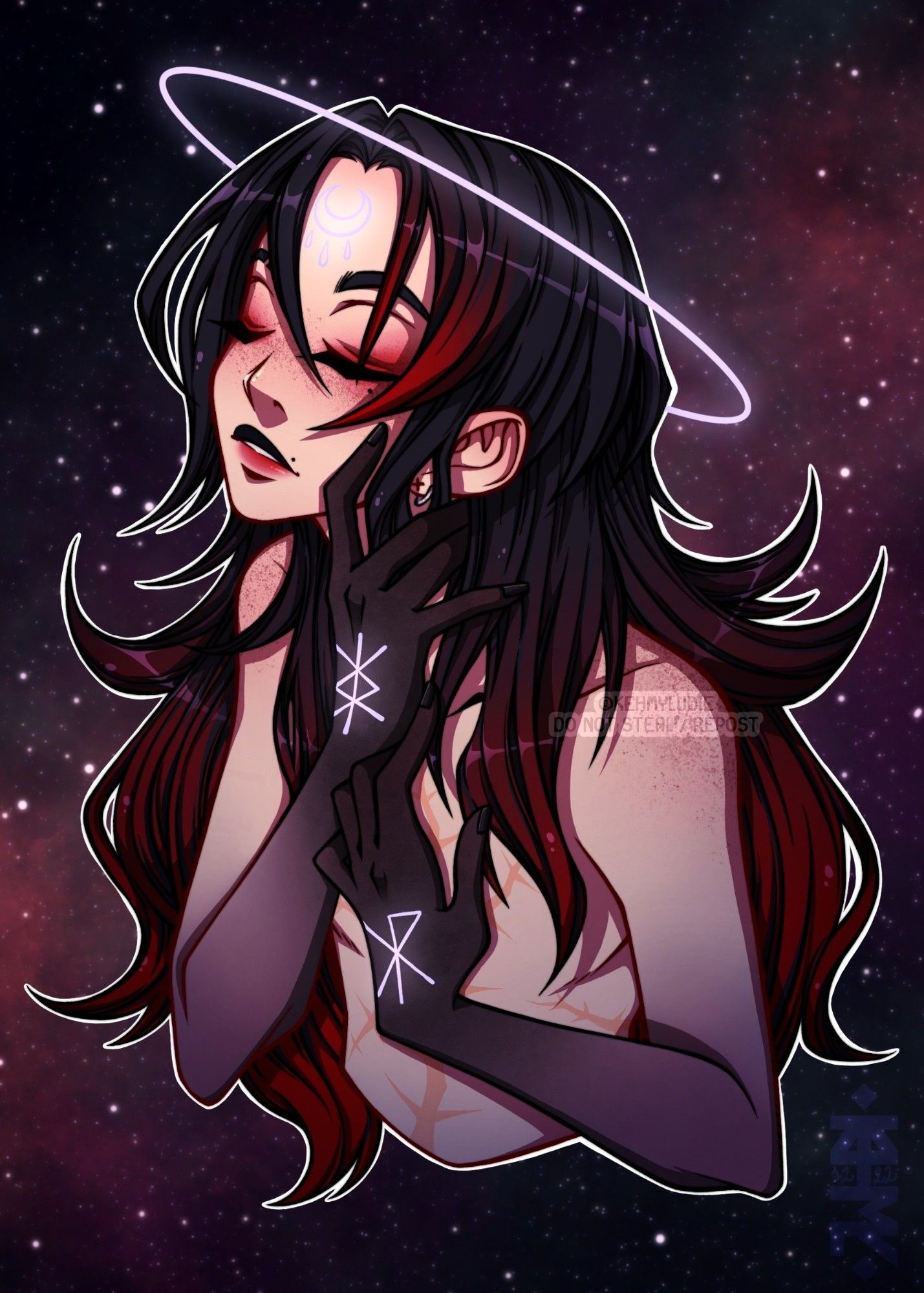 A non binary person with long black and red hair in a calm mood, eyes closed, a halo ring around their head and runes on the back of their hands which are turning slowly black. They are caressing their own hair with a subtle smile, on a  black and red space galaxy background.