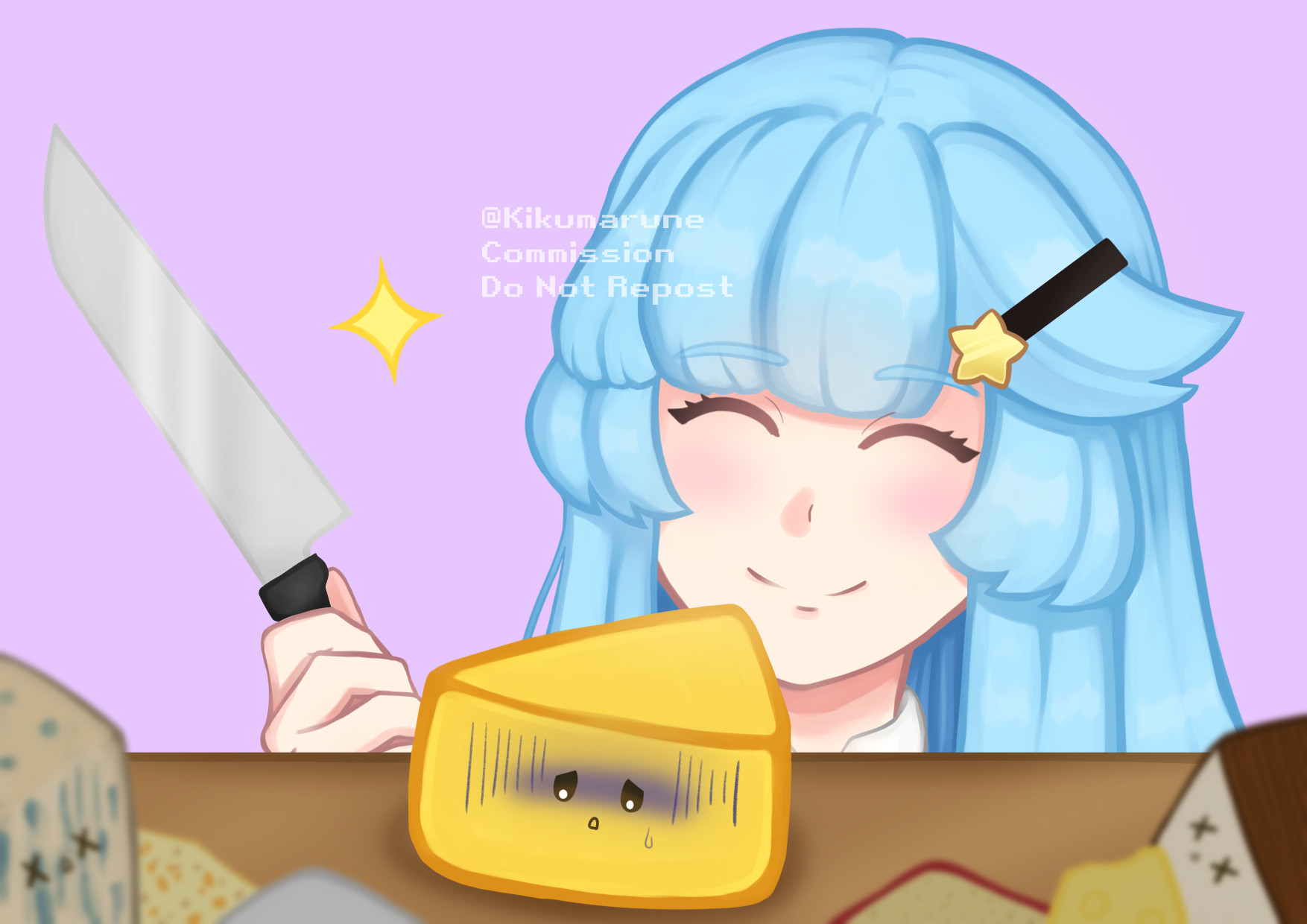 A digital drawing of my character Marina, a blue-haired girl holding a knife while smiling upon a scared-looking piece of cheese