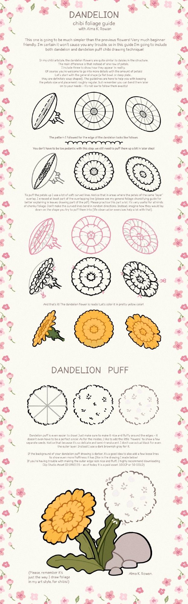 step by step tutorial on how I draw dandelion flowers and dandelion puff