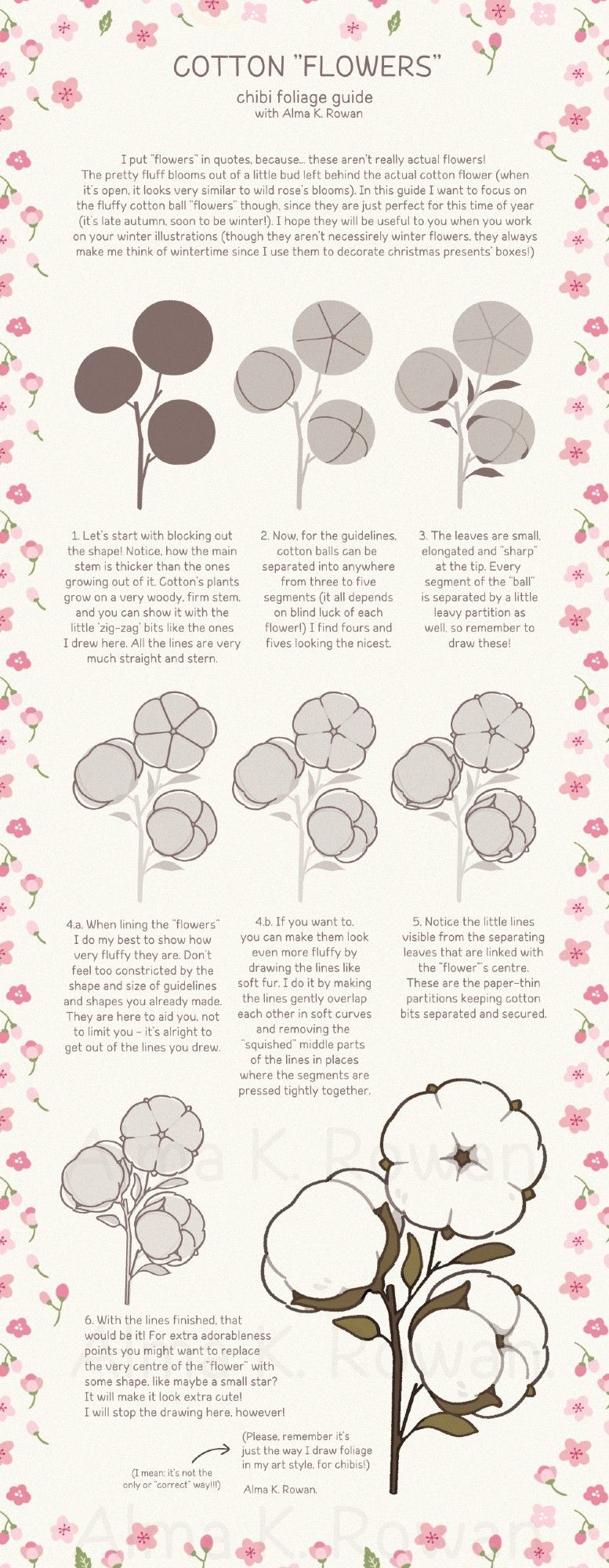 step by step tutorial on how I draw cotton flowers